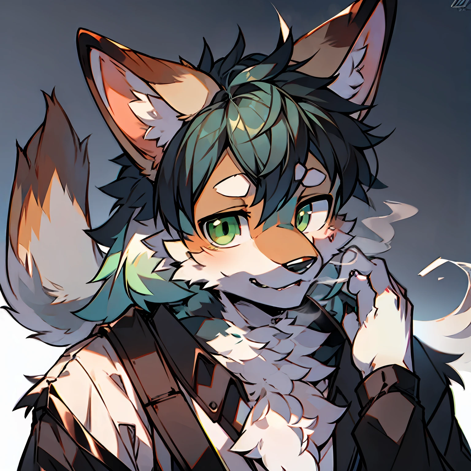 solo person,shaggy male,furry,coyote,canid,Black and white fur,greene eyes,The tips of the ears are white,smokeing,detective