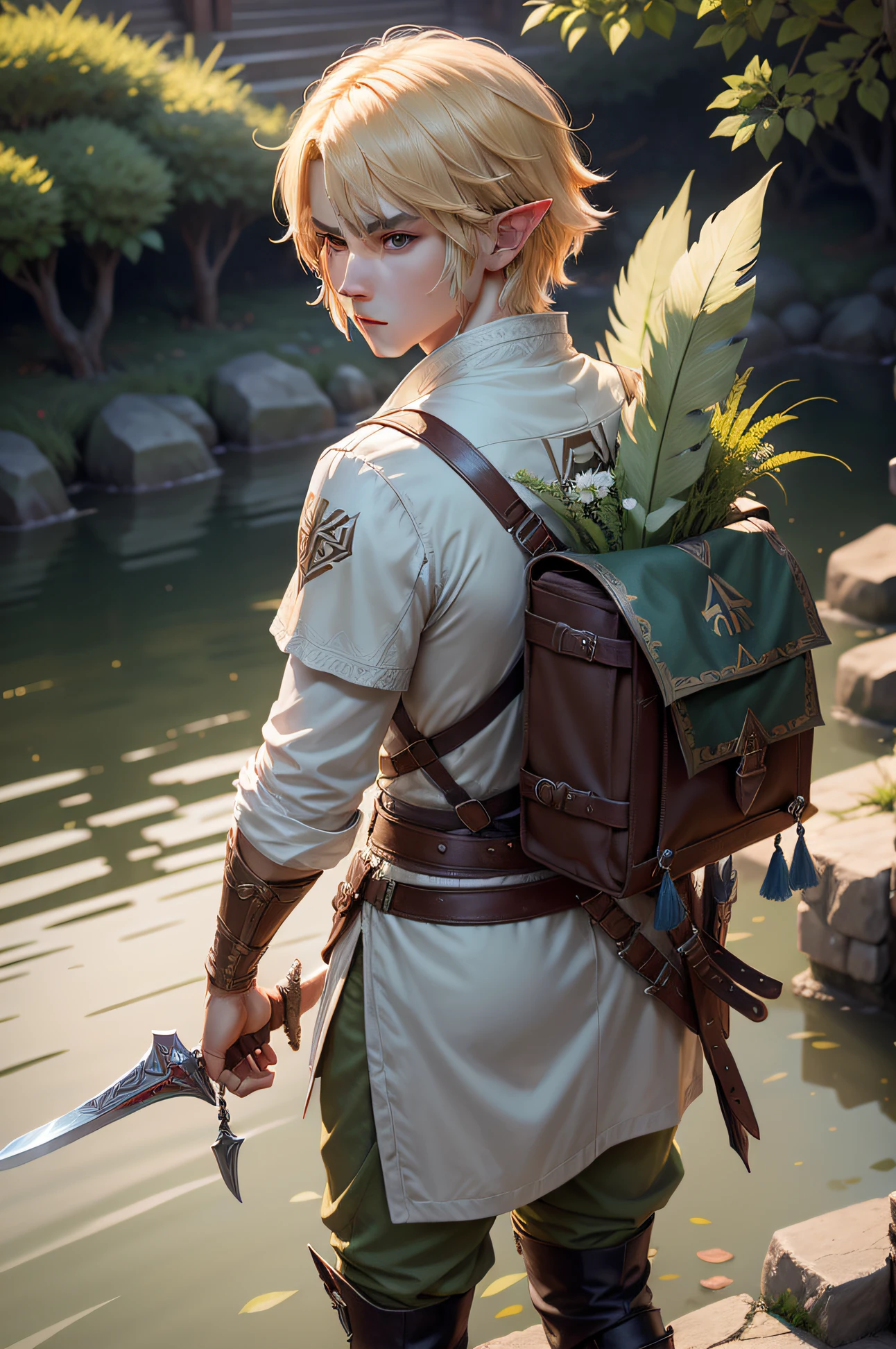 The protagonist of the game The Legend of Zelda，Link，Beautiful boy,solo person,assassins,Keep one's mouth shut,serious,Thinking,blond hairbl,Elf short hair,Traveler's boots,Carrying a large sword on his back，Look into the distance,Serious eyes,feathers hair ornament,Assassin attire,夏天,rainbowing,floating islands,natural soft light，Higher quality,Works of masters,Best image quality,超高分辨率,8K分辨率,exquisite  features,s the perfect face,male people,solo person