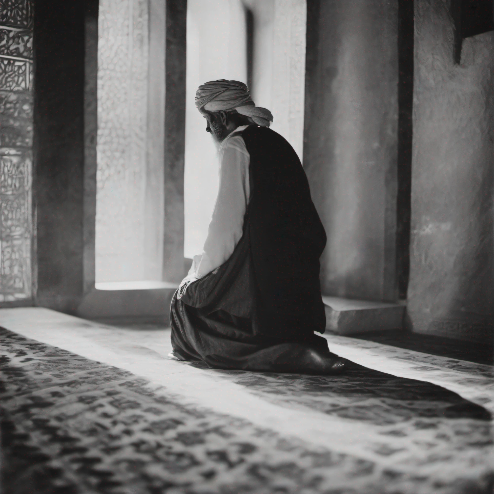 an ancient Arab man, vestindo manto e turbante preto, with his head down, em uma sala escura