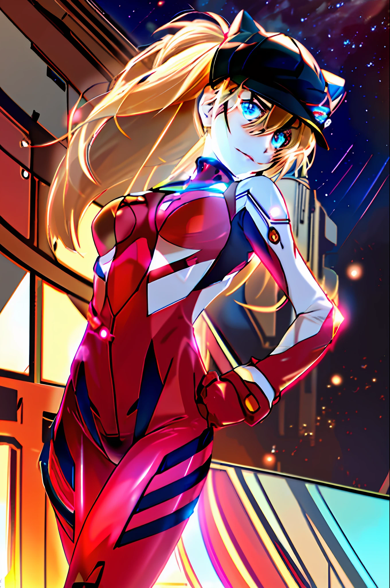 ((tmasterpiece,best qualtiy,A detailed,A biomechanics girl with cybernetic face and body)),1girll,独奏,Cowboy shooting,In space,In front of the planet,Sit in a roadster,depth of fields,(glowing light eyes:1.2),neon light detail,glowing body,exteriors,the night,view over city,starrysky,Sour Ayasukata Langley,red blous,Tights underwear,Cat hat,red leotard,blindfolds,hands on pockets