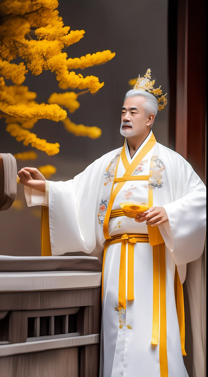 Masterpiece, Highest quality, (solofocus),, (High detail: 1.1),dojo,Yellow robe, Man, chinese crown, 1人,and white hair,超高分辨率 , Detailed background, realisticlying, wearing a detailed and intricate xianxia antique outfit