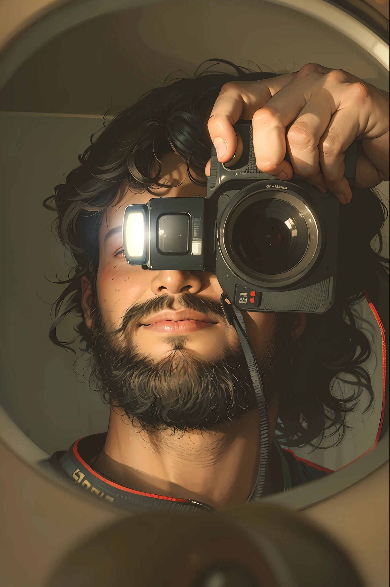 Masterpiece, award winning portrait of a bearded hipster explorer in a Jungle by Syd Mead, man holding a camera while taking a selfie portrait, warm color palette, muted colors, detailed, 8k, black hair and beard, canon, 85mm f1.8, young man