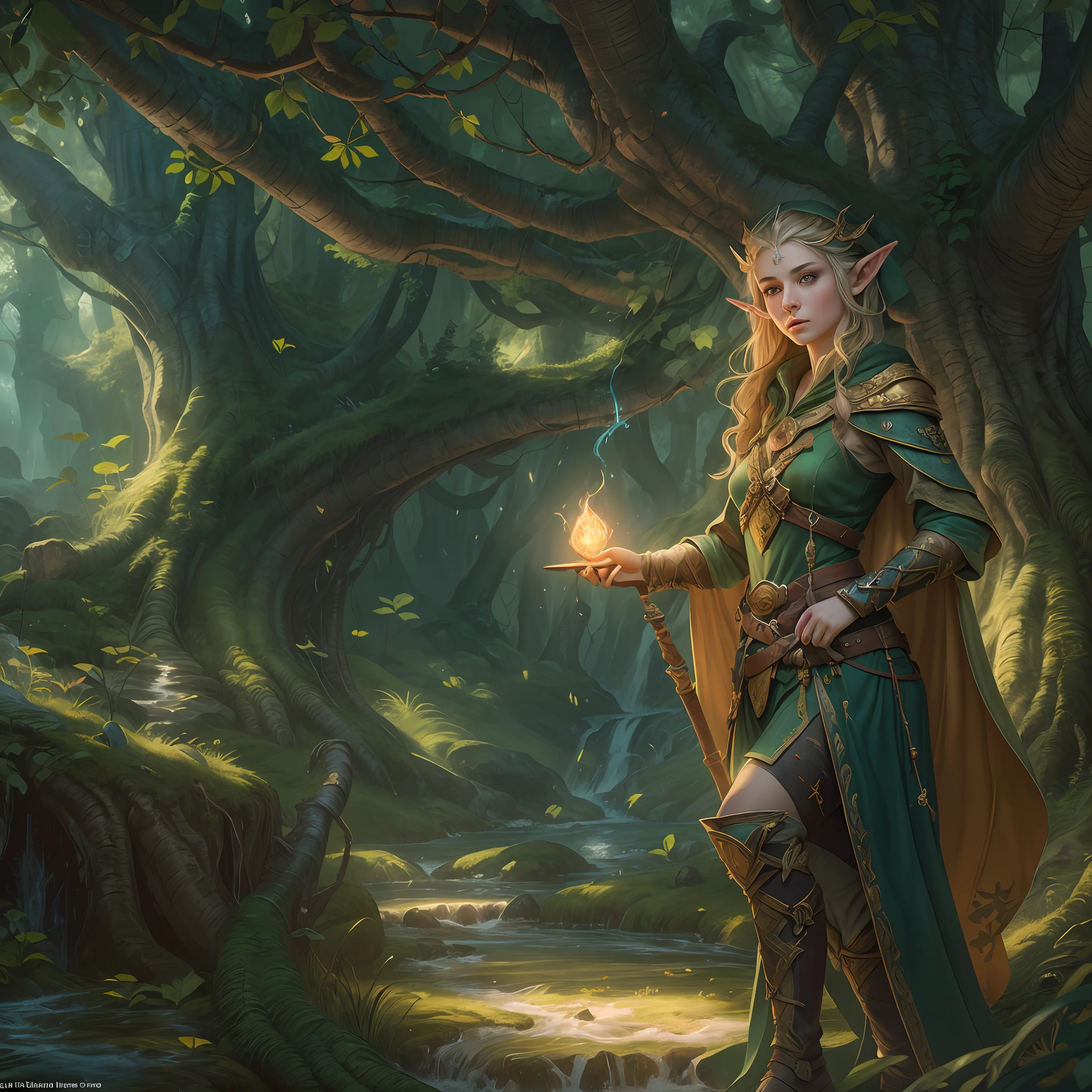 high details, best quality, 8k, [ultra detailed], masterpiece, best quality, (extremely detailed), ultra wide shot, photorealistic, fantasy art, dnd art, rpg art, realistic art, an ultra wide picture of female half elf  (intense details, Masterpiece, best details: 1.5) in druid grove casting a spell, yellow magical light (intense details, Masterpiece, best details: 1.5), wearing leather armor (intense details, Masterpiece, best details: 1.5), green cloak (intense details, Masterpiece, best details: 1.5), wearing high heeled boots, holy symbol, blue light from symbol, dynamic hair, intense eyes, small pointed ears, slightly pointed ears, green eyes, D&D female half elf (intense details, Masterpiece, best details: 1.5), beautiful half elf, beautiful face ( masterpiece, best details: 1.5) fantasy druid grove, water fall details, rich forest life details, rich forest animals, soft sun light, forest trees in the background, celestial background, ((divine worship atmosphere)), high details, best quality, highres, ultra wide angle