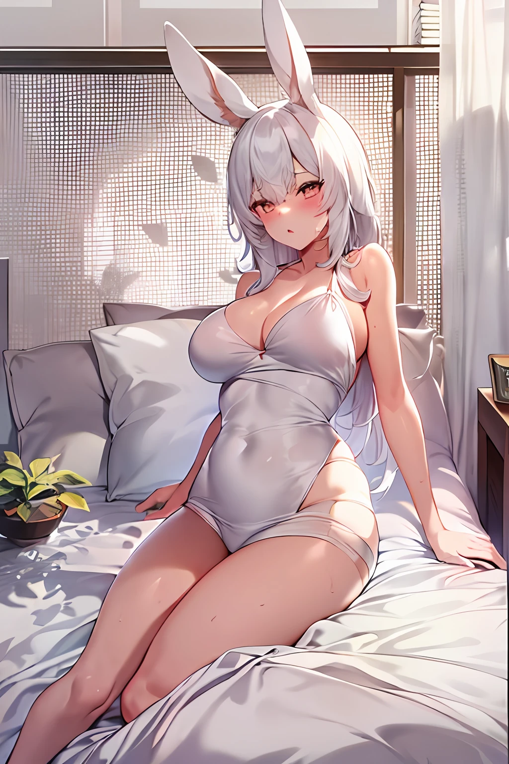 imagem de estilo de uma mulher em uma lingerie branca em uma cama , anime com longos cabelos brancos e orelhas de coelho , meninaas de coelho, solo , menina animeora, menina coelho animo bonita, coelho anime bonito, coelho anime bonito,  divindade de cabelos brancos, coelho anime bonito, anatomia perfeita, pele bronzeada , seios grande, coxada grande, corpo esguio.  , Rabbit humanoid,white hair, skin tan ,1girl, hairlong , HDR, Volumetric Lighting, octane rendering, 8k, ultra high definition, female hourglass body, sweaty, sexy positions, different types of sexy dresses, big breasts, big hips, full body image, Big thighs, from below, Big breast, big ass, thicc, foco na bunda