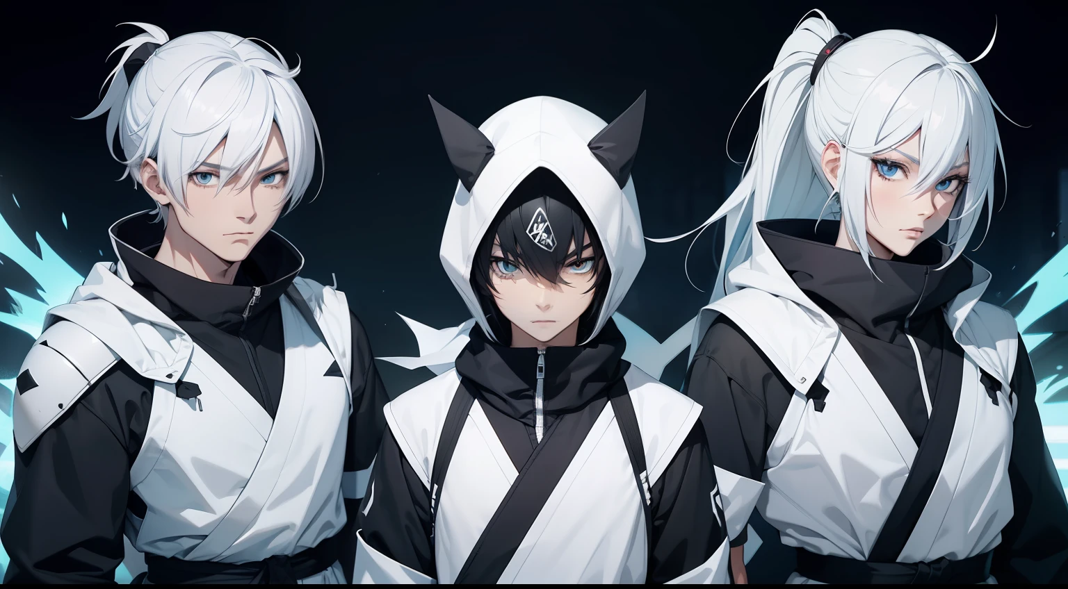 3 white anime ninjas, with black aura, wearing white ninja clothes with black details, anime style 4k