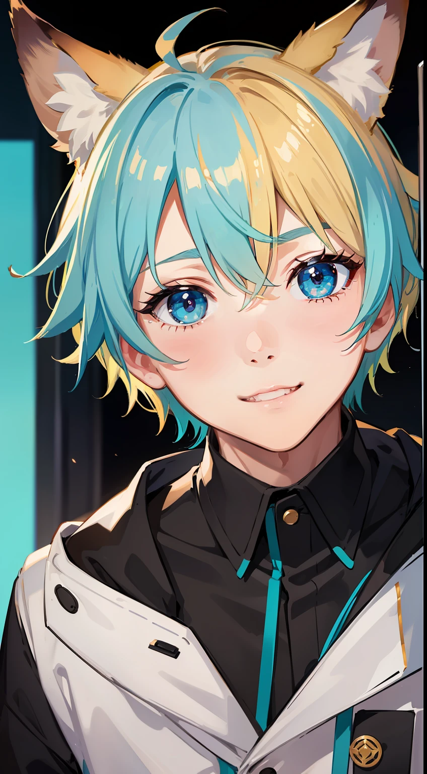 Young guy, short blonde hair, Fox ears, Cyan eyes, pop-idol, ssmile, Masterpiece, hiquality