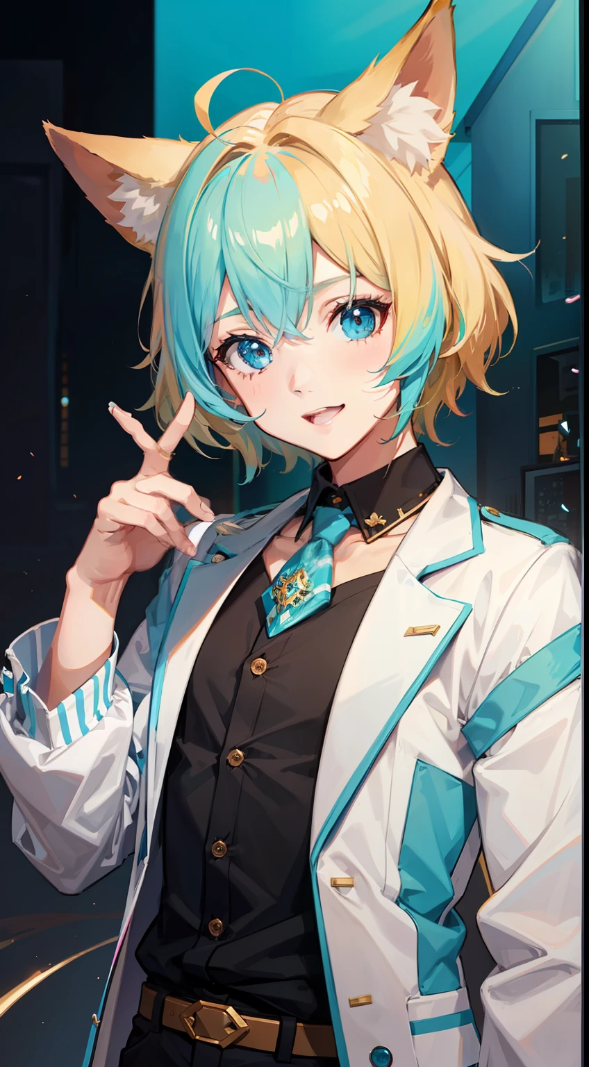 Young guy, short blonde hair, Fox ears, Cyan eyes, pop-idol, ssmile, Masterpiece, hiquality