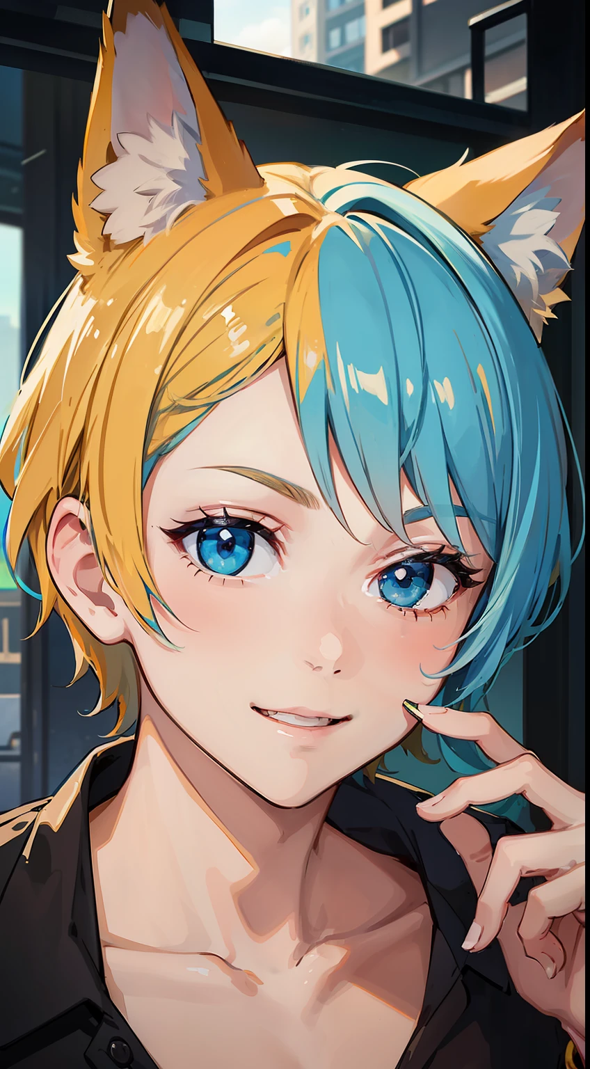 Young guy, short blonde hair, Fox ears, Cyan eyes, pop-idol, ssmile, Masterpiece, hiquality
