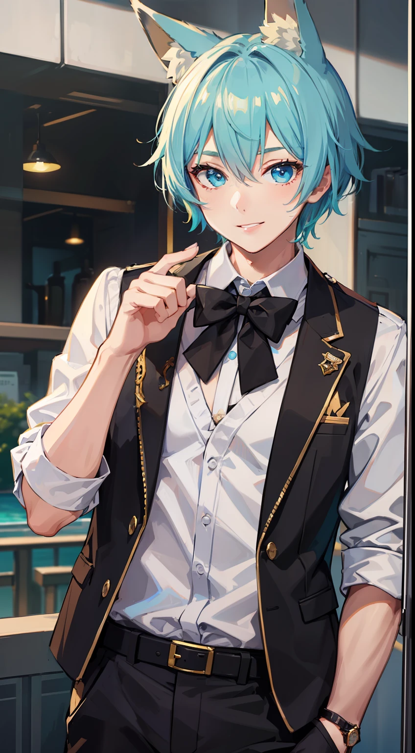Young guy, short blonde hair, Fox ears, Cyan eyes, pop-idol, ssmile, Masterpiece, hiquality