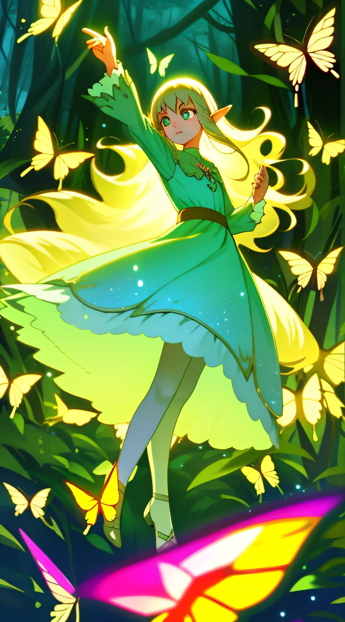 Forest of dreamy nights,Fluorescent flowers,butterflys,White long-haired elf girl in a light blonde dress dancing