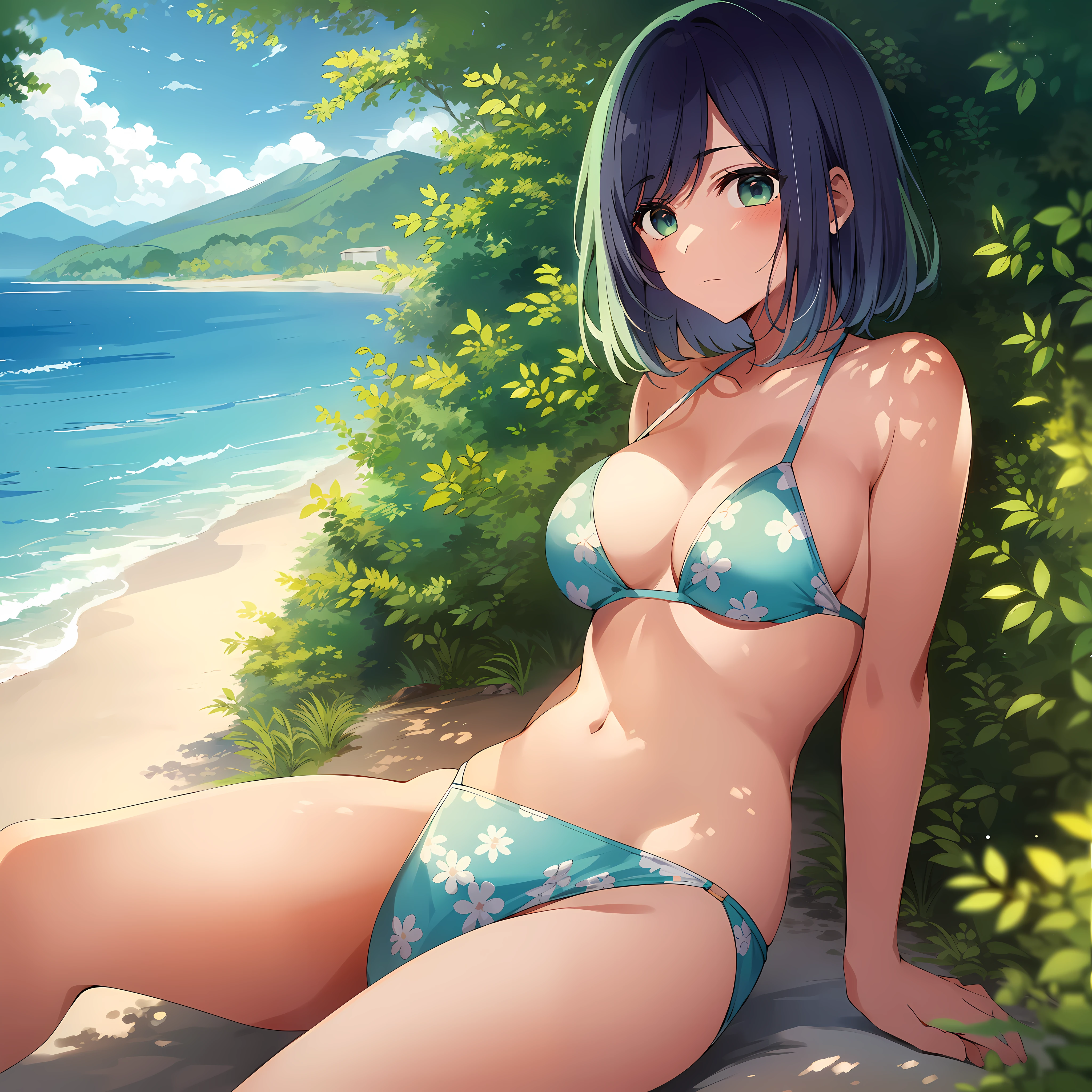 masterpiece, high quality, 8k, 1girl, solo, akane, portrait, bush, looking at viewer, bikini, ocean view, beach view, medium breasts, short hair