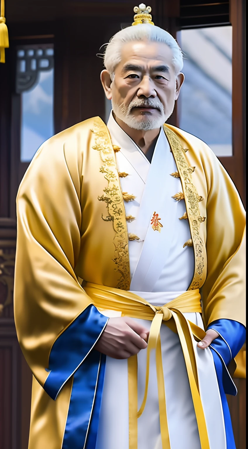 Masterpiece, Highest quality, (solofocus),, (High detail: 1.1),dojo，Yellow robe， Man, chinese crown, 1人,and white hair,超高分辨率 , Detailed background, realisticlying, wearing a detailed and intricate xianxia antique outfit
