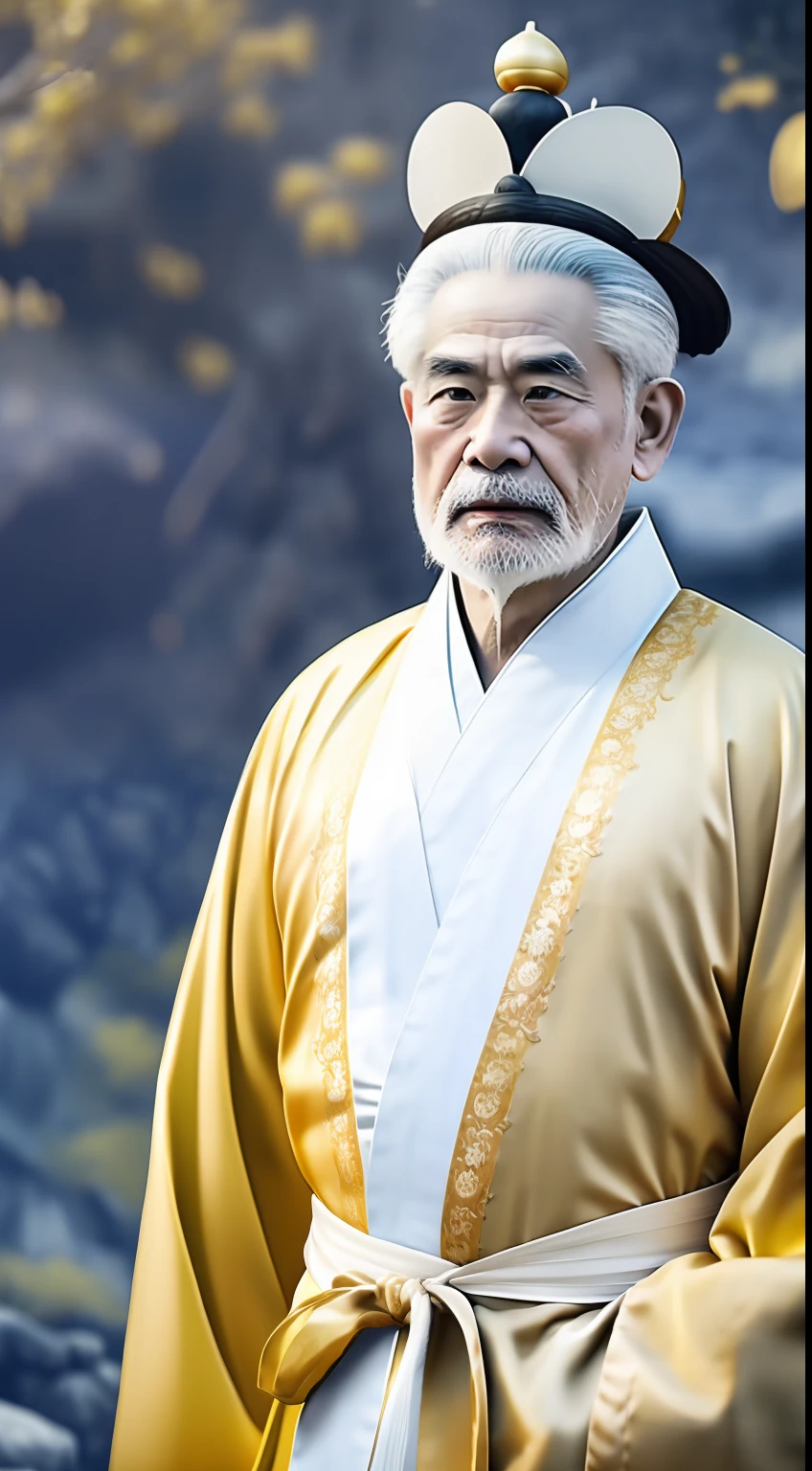 Masterpiece, Highest quality, (solofocus),, (High detail: 1.1),dojo，Yellow robe， Man, chinese crown, 1人,and white hair,超高分辨率 , Detailed background, realisticlying, wearing a detailed and intricate xianxia antique outfit