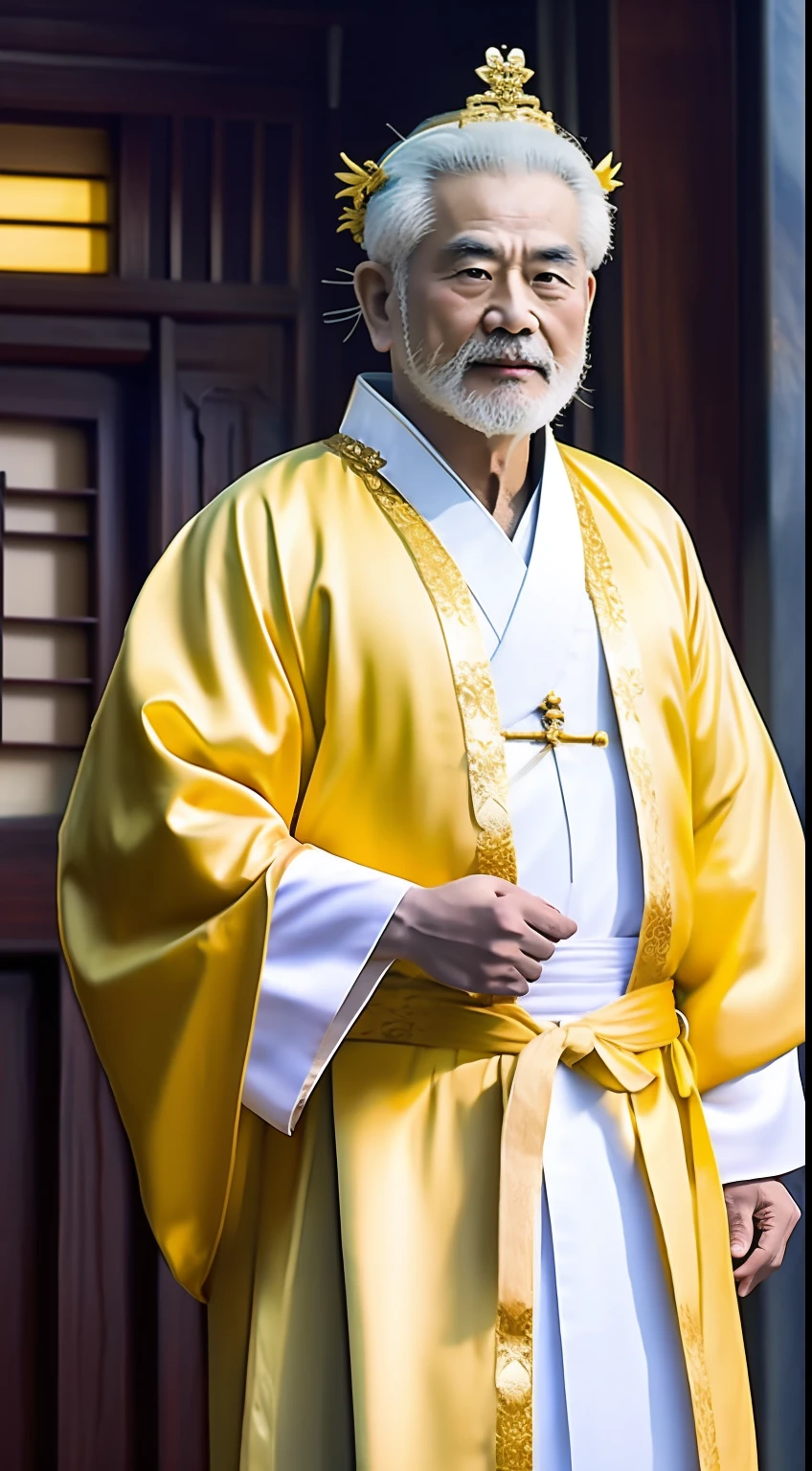 Masterpiece, Highest quality, (solofocus),, (High detail: 1.1),dojo,Yellow robe, Man, chinese crown, 1人,and white hair,超高分辨率 , Detailed background, realisticlying, wearing a detailed and intricate xianxia antique outfit