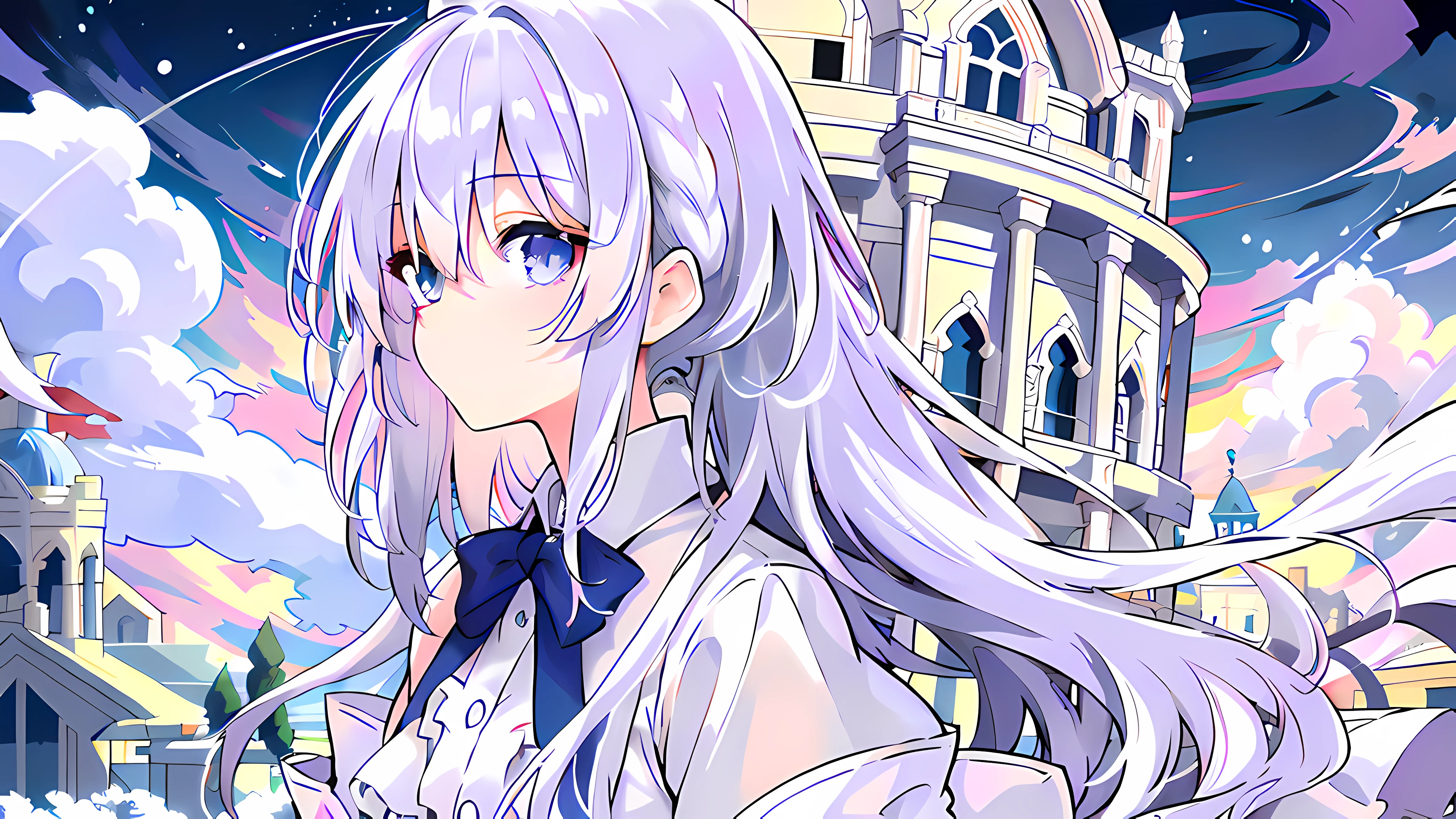 Anime girl with long white hair and blue bow in front of the castle, Girl with white hair, white haired Cangcang, White-haired god, Perfect white haired girl, zerochan art, White-haired, a beautiful anime portrait, clean and meticulous anime art, Soft anime illustration, style of anime4 K, Guweiz in Pixiv ArtStation, Anime art wallpaper 4 K