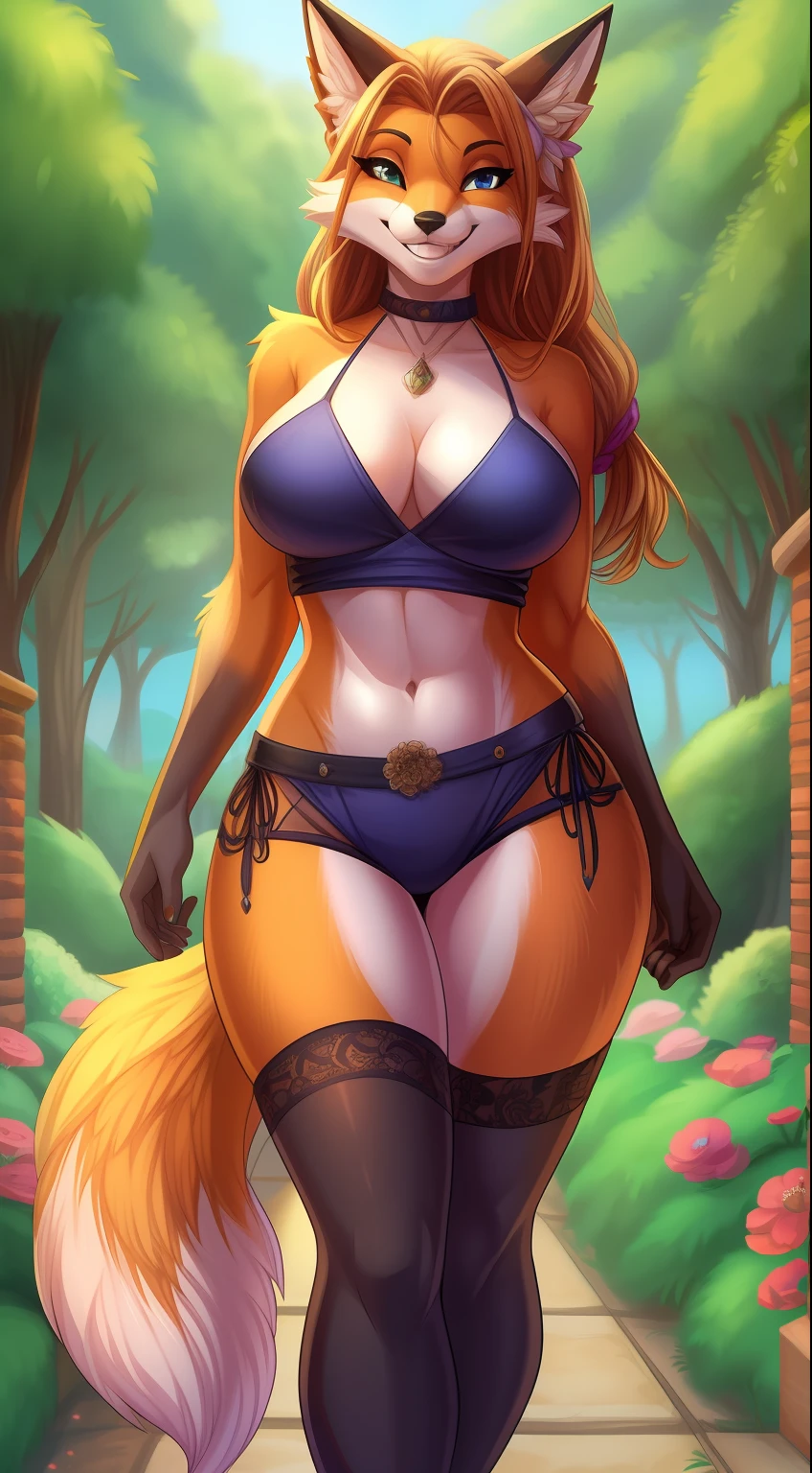 Antrho, fox, female, solo, pelo laranja, cabelo loiro longo, peitos medios, bunda media, coxas curvadas, usando roupa de noiva transparente, calcinha e sutia branca rendada, meias altas, segurando buque de flores, olhando sobre o ombro, sorriso envergonhado, fundo jardim florido, cauda deve ser mostrada