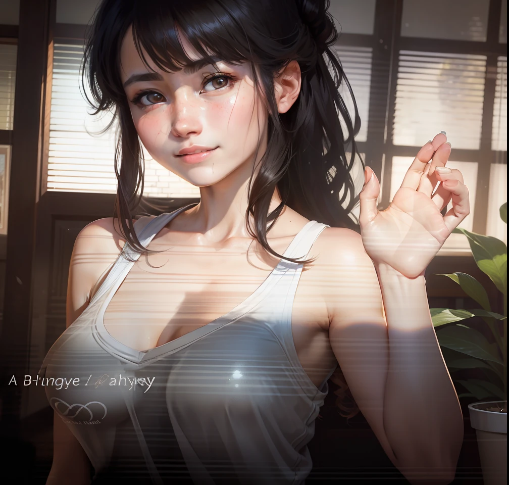 Best quality, 8k, 32k, Hyperrealist portrait of female by david hockney and alphonse mucha,fantasy art, photo realistic, dynamic lighting, artstation, poster, volumetric lighting, very detailed faces, 4 k, award winning,, 1girl, deep shadow, low key,cowboy shot,(official clothing:1.4) ,long hair, sweat, girls, japanese girl, transparant white tank top, sweet smile with teeth