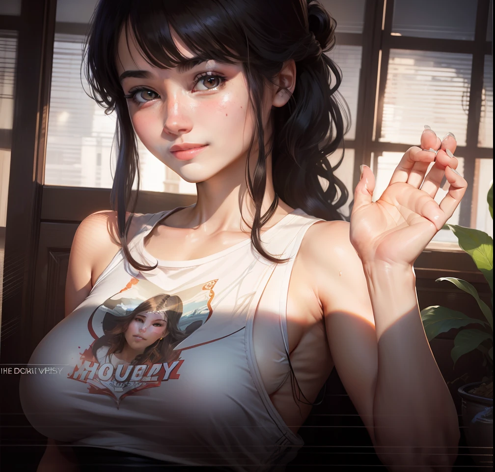 Best quality, 8k, 32k, Hyperrealist portrait of female by david hockney and alphonse mucha,fantasy art, photo realistic, dynamic lighting, artstation, poster, volumetric lighting, very detailed faces, 4 k, award winning,, 1girl, deep shadow, low key,cowboy shot,(official clothing:1.4) ,long hair, sweat, 17 years old girls, japanese girl, transparant white tank top, sweet smile with teeth, big breast, niples