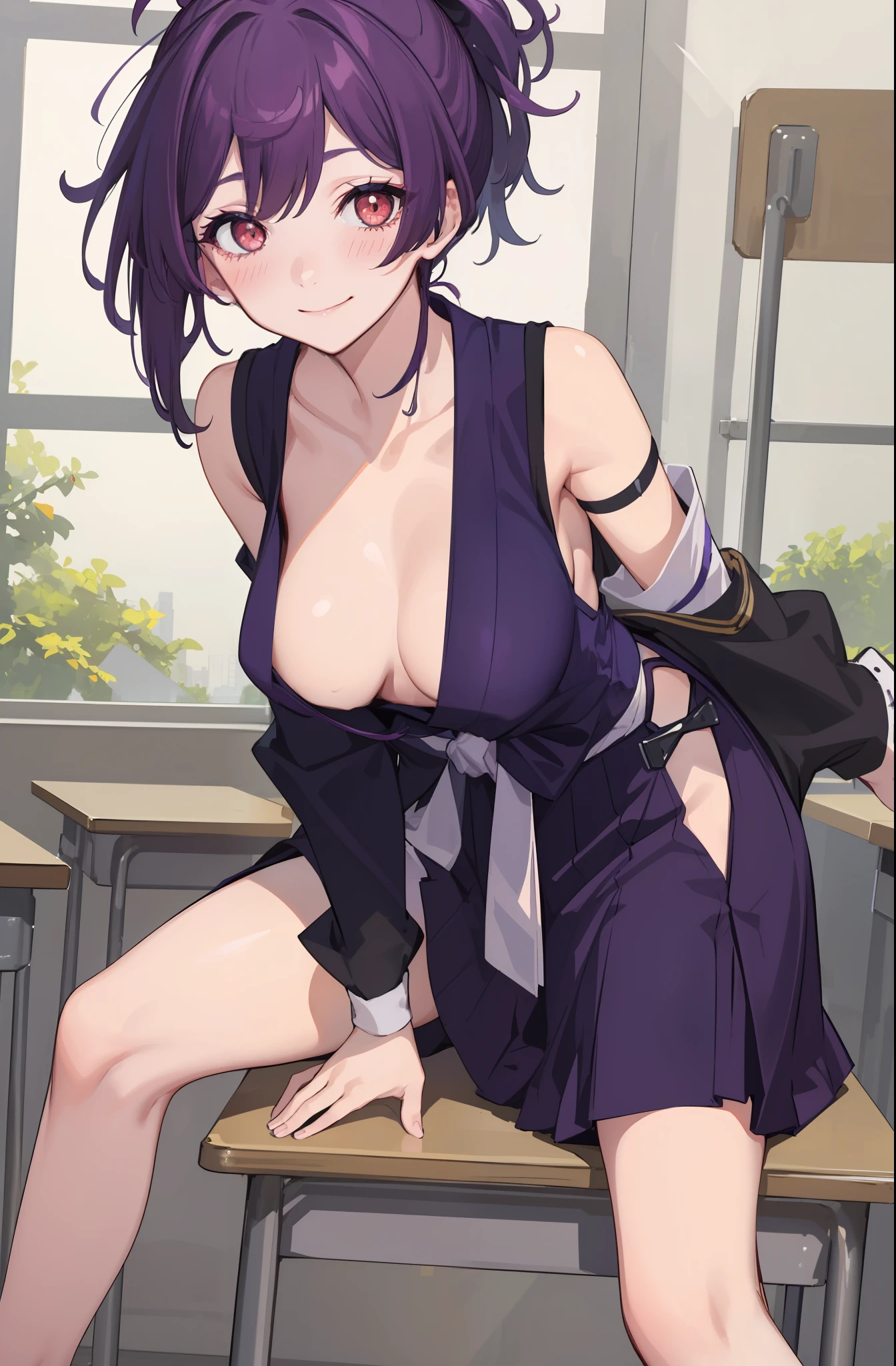 (1girl, solo), best quality, masterpiece, (leaning over:1.4), 1girl, yuzuriha_(jigokuraku), purple hair, brown eyes, cleavage, small breasts, topknot, medium hair, breasts apart, seductive smile, (blush:1.1), japanese exterior, classroom, beautiful pose, (school outfit),