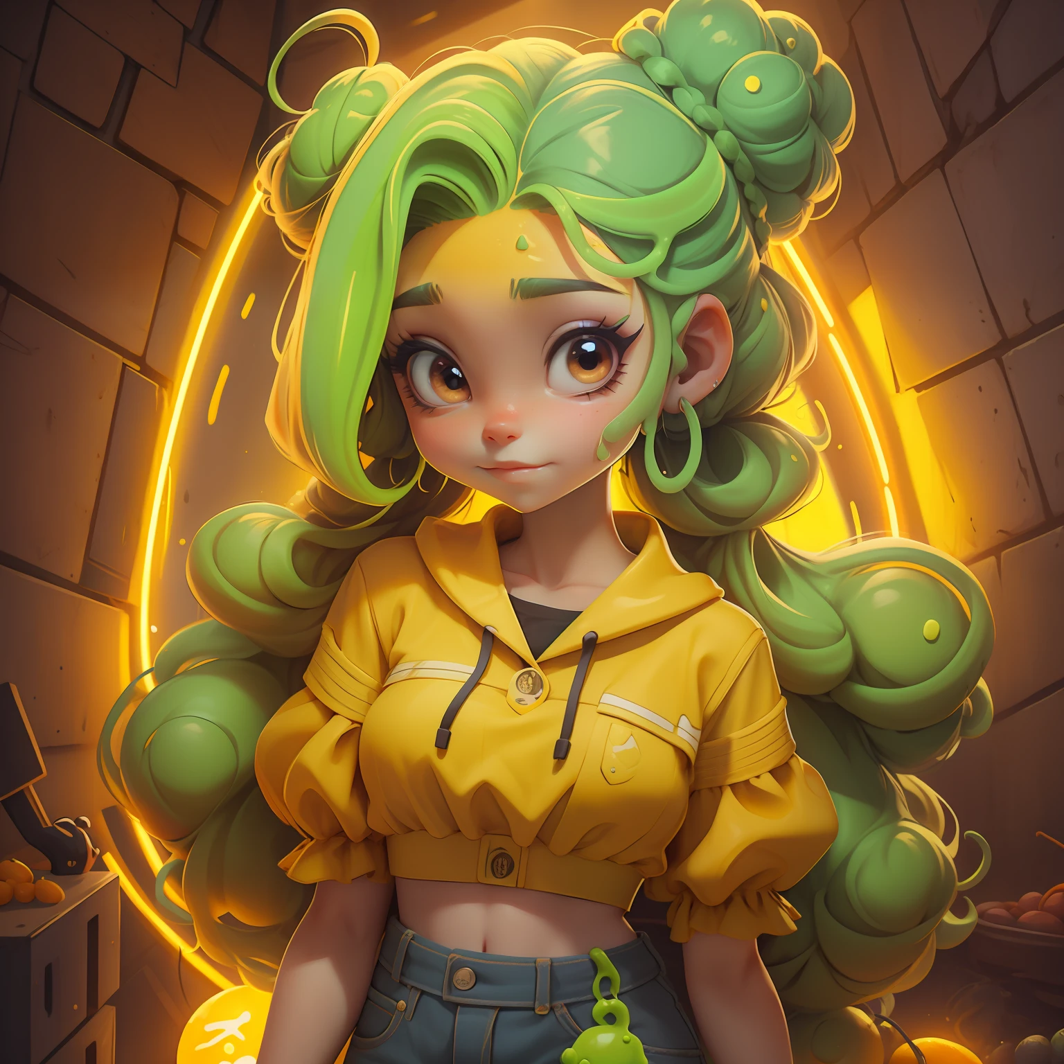 menina Lodo, (Lodo), Slime cabelo bun estilo de cabelo, Laranja de Portland, roupas rave neon, master part, best quality