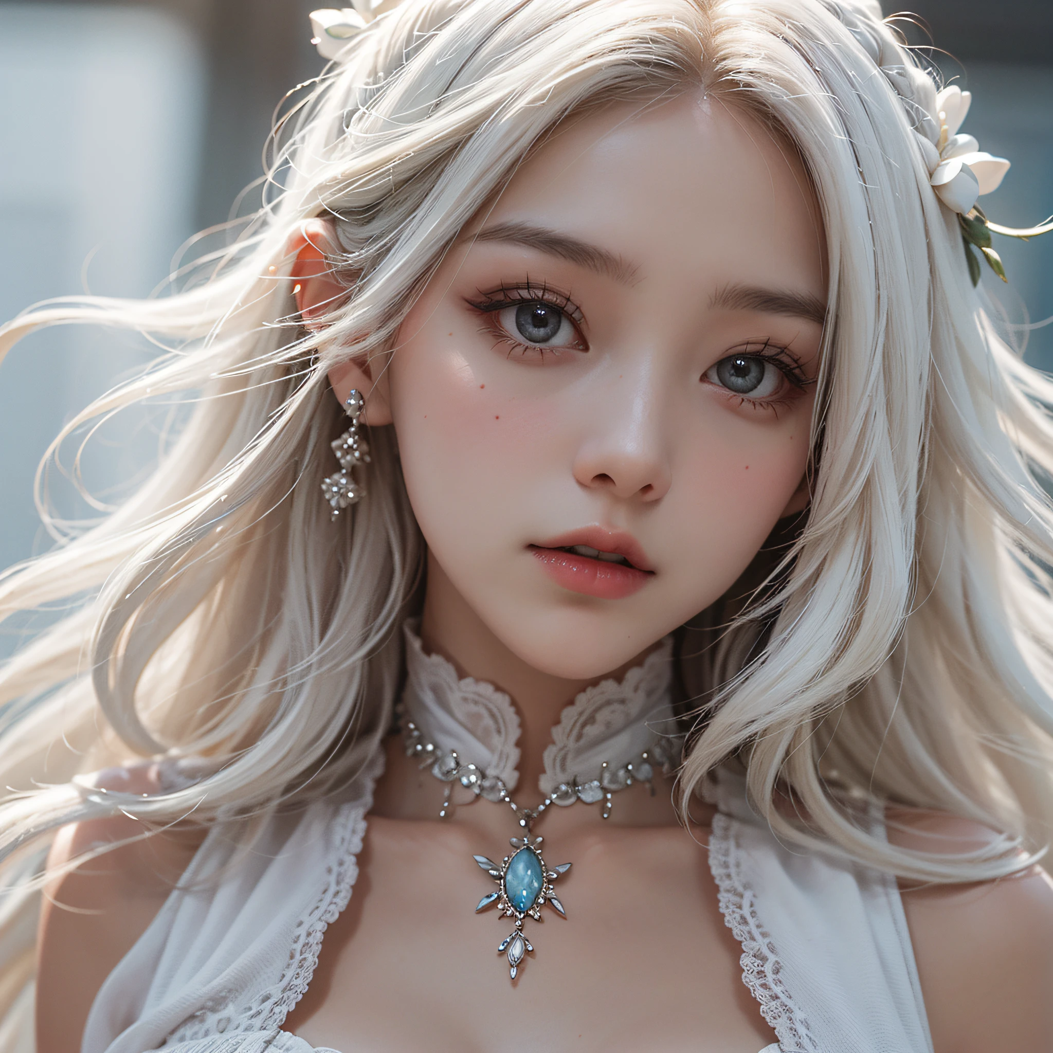 A close-up of a girl,White hair,White dress,Close-up photo,RococoStyle,8K,hyper HD,Best Picture Quality,ultra - detailed。