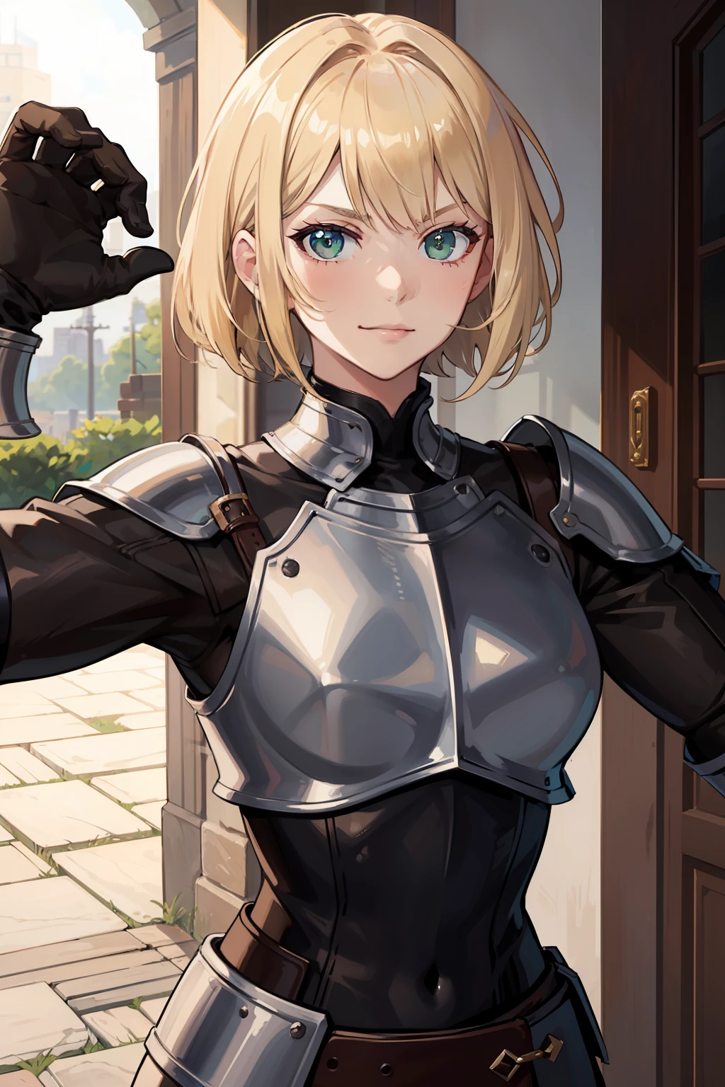 fighting,masterpiece, highest quality, 1girl,blond hair, short hair, (messy hair), bob cut,green eyes,((brown leather armor)),smirk,andronygous,muscular