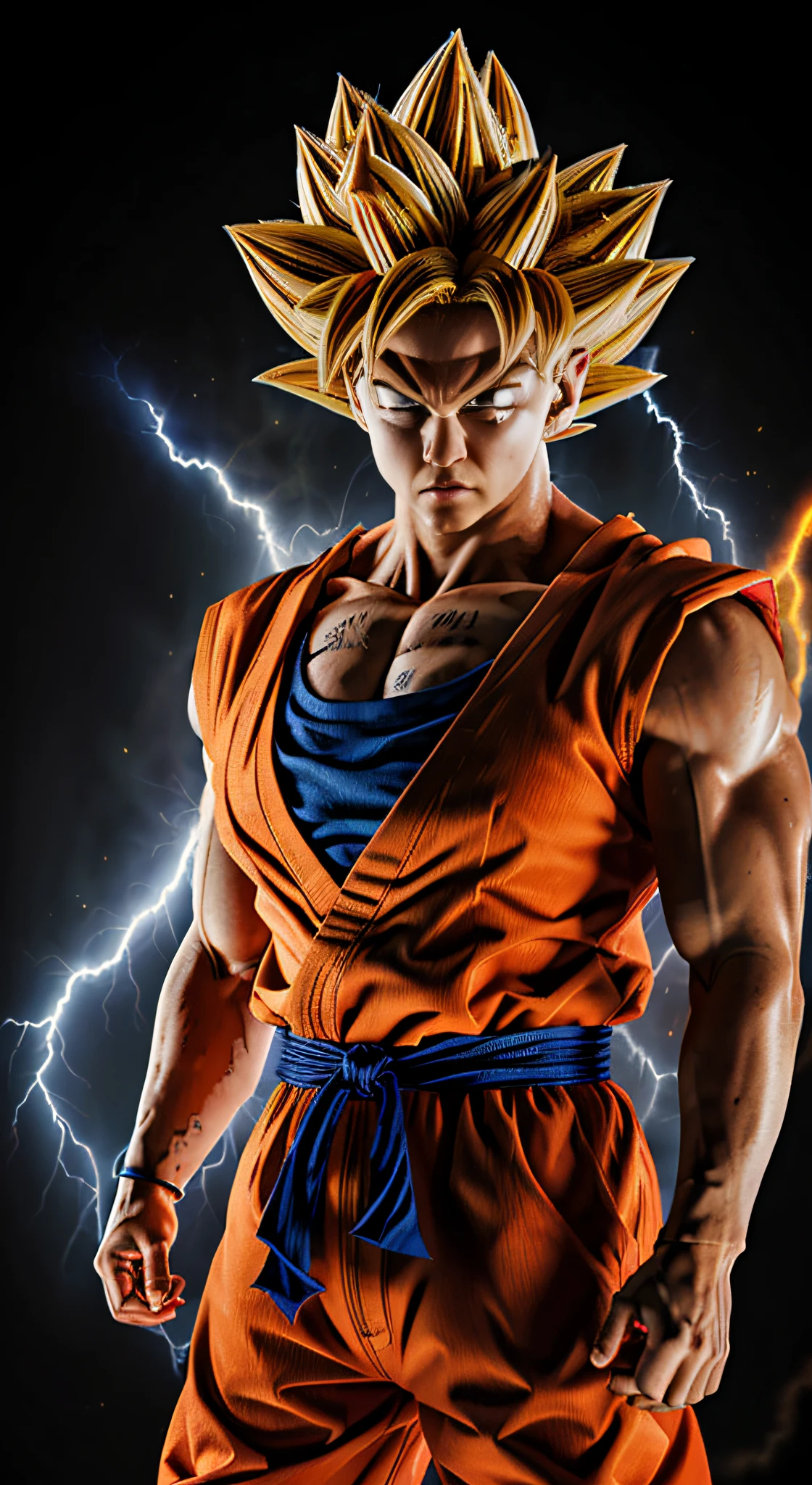 Obra-prima, Awesome, Realistic Goku Super Saiyajin, roupa do goku, olhos ferozes, olhos azuis, cabelos dourados, energia em volta, rosto realista e humanizado, rosto humanizado e detalhado, Ki em volta, Thunder and destruction