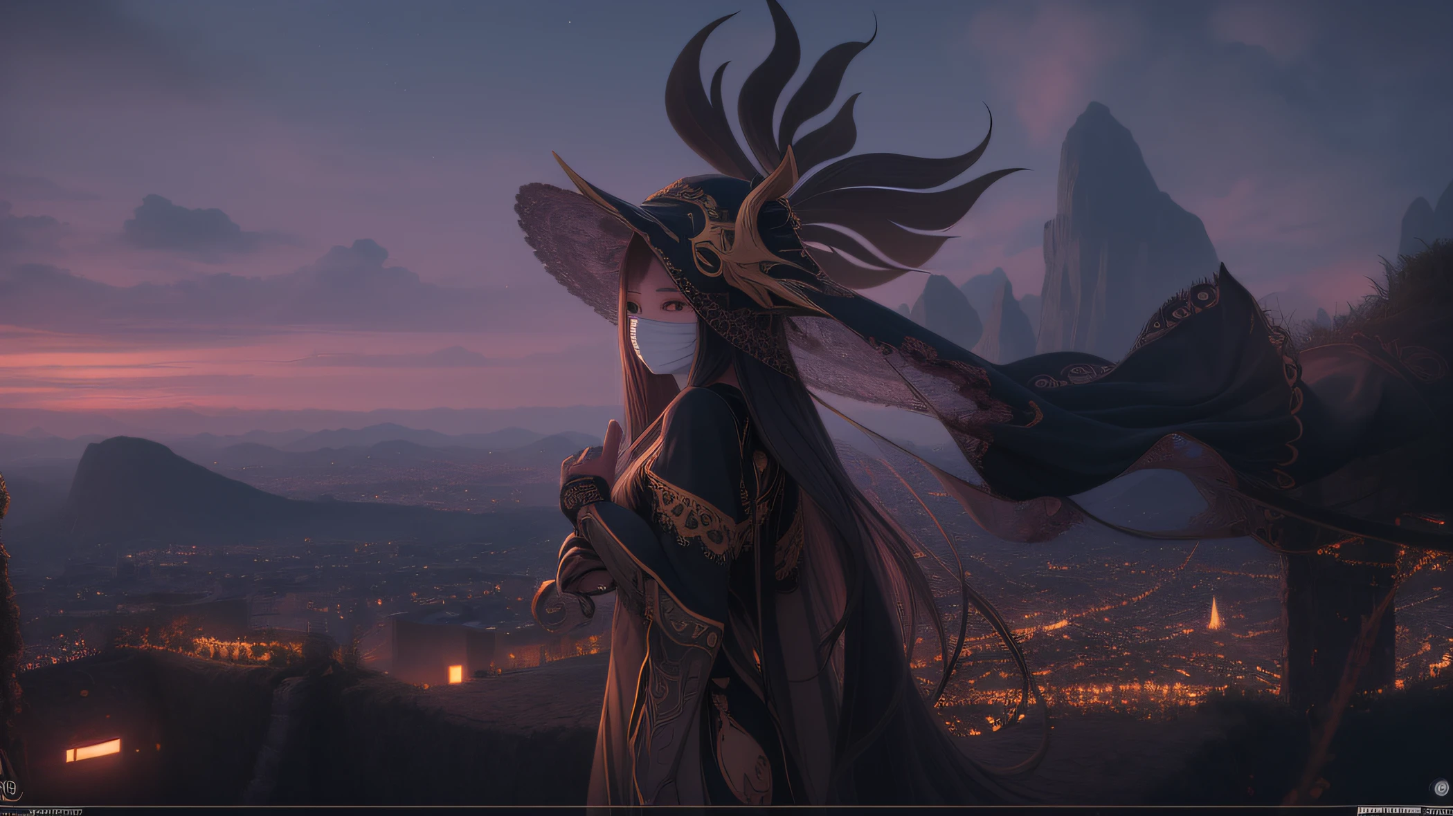 Has a long hair,Woman with mask on her head, 8K high quality detailed art, 4k highly detailed digital art, Beautiful digital artwork, Guviz-style artwork, high quality 16k digital art, 8K HD wallpaper digital art, beautiful girl on the horizon, 4K detailed digital art, A beautiful artwork illustration