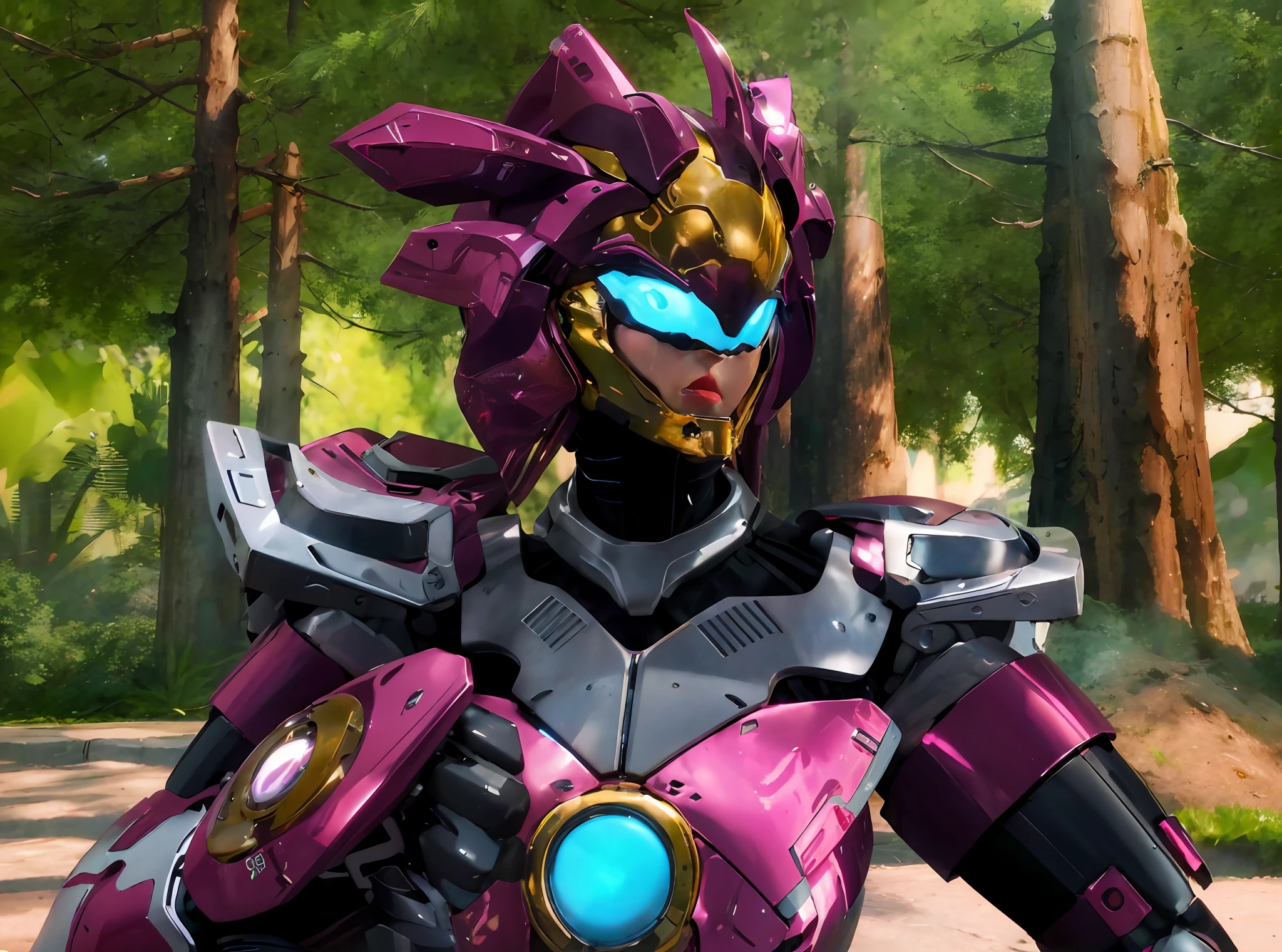 Realiy，photorealestic，Machinary，mechs，Technologie，musculous，glowing light eyes，Burly body，style of photography，Real scenery（Metallic texture 1.8）（Excess detail 2）（High resolution1.6）（4K clarity1.9)（Carbon fiber 1.5）（Metal reflection 1.5），Neon lights，obi strip（1:1），The lower half of a woman's face