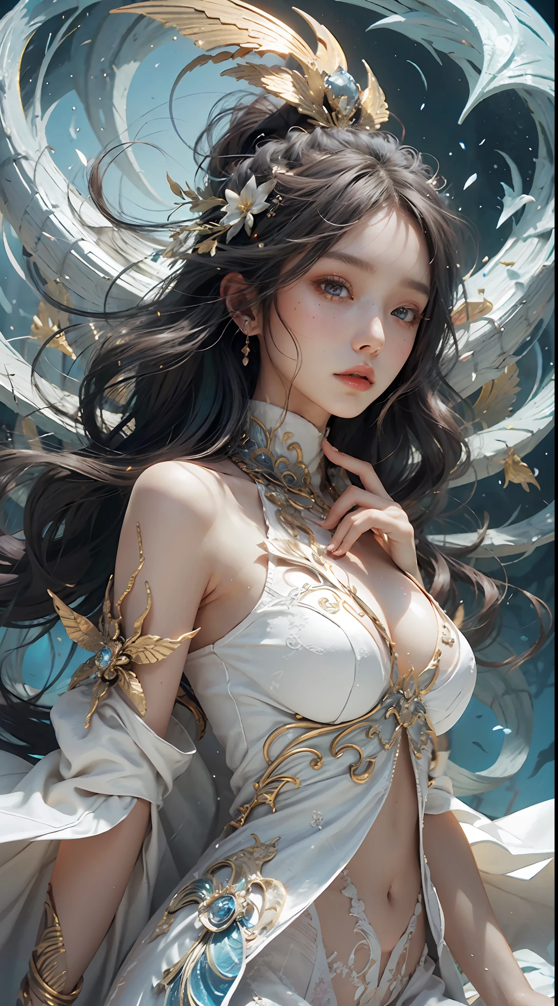Kizi, 18yr old, huge tit, wears a white dress, flowing robe, Exquisite dress decoration, floated hair, glowing hairs, hair adornments, light in face, Intricate magic circles, Glowing runes, A flashing halo, Strong focus, arcane spell, Crackling energy, Suspended artifacts, Ethereal staff, Swirling mist, sparkling motes, Mysterious crystals, glowing symbols, Complex hand movements, Otherworldly chanting, Mysterious symbol, Powerful summoning, Transcendental consciousness, Phoenix dress, (under the water:1.8), (white dresses, rainbow hair:1.55), (((water bubbles, colorful fish, Beautiful coral life))), (Detailed fabrics, detailed ornaments:1.4), fanciful, The hairstyle model is braids by side, The posture is the lying down position, Sharp green, The shooting angle is RIM lighting, The time is Rim Light, BREAK is ultra-realistic, Complex design, insanely details, extremely fine detail, Extremely clear lines,cinmatic lighting,photograph realistic,Detailed drawings by Esao Andrews and Anton Fadeev,RAW photogr,high detal,8k,UHD,digital SLR camera,softlighting,HDR,warm lights,high qulity,filmgrain,Fujifilm XT3,realisticlying,tmasterpiece,best qualtiy,hyper-detailing,8K,warm lights,gentle illumination,tmasterpiece,best qualtiy,A detailed,HighestQuali,hyper-detailing,A high resolution,Movie light,Splendid and colorful, Out of focus, RAW photos, art portrait, hoang lap, hight contrast, rich colourful, highest details,