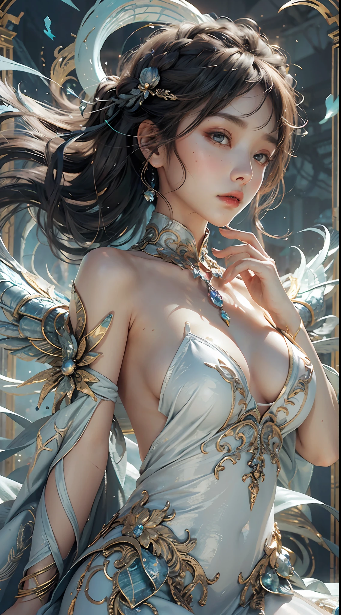 Kizi, 18yr old, huge tit, wears a white dress, flowing robe, Exquisite dress decoration, floated hair, glowing hairs, hair adornments, light in face, Intricate magic circles, Glowing runes, A flashing halo, Strong focus, arcane spell, Crackling energy, Suspended artifacts, Ethereal staff, Swirling mist, sparkling motes, Mysterious crystals, glowing symbols, Complex hand movements, Otherworldly chanting, Mysterious symbol, Powerful summoning, Transcendental consciousness, Phoenix dress, (under the water:1.8), (white dresses, rainbow hair:1.55), (((water bubbles, colorful fish, Beautiful coral life))), (Detailed fabrics, detailed ornaments:1.4), fanciful, The hairstyle model is braids by side, The posture is the lying down position, Sharp green, The shooting angle is RIM lighting, The time is Rim Light, BREAK is ultra-realistic, Complex design, insanely details, extremely fine detail, Extremely clear lines,cinmatic lighting,photograph realistic,Detailed drawings by Esao Andrews and Anton Fadeev,RAW photogr,high detal,8k,UHD,digital SLR camera,softlighting,HDR,warm lights,high qulity,filmgrain,Fujifilm XT3,realisticlying,tmasterpiece,best qualtiy,hyper-detailing,8K,warm lights,gentle illumination,tmasterpiece,best qualtiy,A detailed,HighestQuali,hyper-detailing,A high resolution,Movie light,Splendid and colorful, Out of focus, RAW photos, art portrait, hoang lap, hight contrast, rich colourful, highest details,