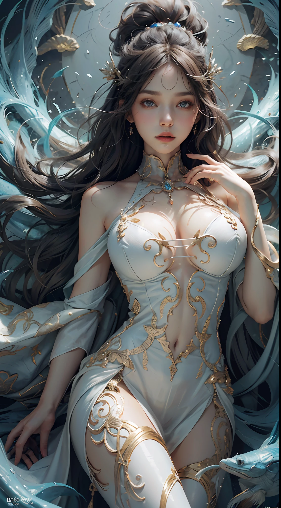 Kizi， 18yr old， huge tit， wears a white dress， flowing robe， Exquisite dress decoration， floated hair， glowing hairs， hair adornments， light in face， Intricate magic circles， Glowing runes， A flashing halo， Strong focus， arcane spell， Crackling energy， Suspended artifacts， Ethereal staff， Swirling mist， sparkling motes， Mysterious crystals， glowing symbols， Complex hand movements， Otherworldly chanting， Mysterious symbol， Powerful summoning， Transcendental consciousness， Phoenix dress， （under the water：1.8）， （white dresses， rainbow hair：1.55）， （（（water bubbles， colorful fish， Beautiful coral life）））， （Detailed fabrics， detailed ornaments：1.4）， fanciful， The hairstyle model is braids by side， The posture is the lying down position， Sharp green， The shooting angle is RIM lighting， The time is Rim Light， BREAK is ultra-realistic， Complex design， insanely details， extremely fine detail， Extremely clear lines，cinmatic lighting，photograph realistic，Detailed drawings by Esao Andrews and Anton Fadeev，RAW photogr，high detal，8k，UHD，digital SLR camera，softlighting，HDR，warm lights，high qulity，filmgrain，Fujifilm XT3，realisticlying，tmasterpiece，best qualtiy，hyper-detailing，8K，warm lights，gentle illumination，tmasterpiece，best qualtiy，A detailed，HighestQuali，hyper-detailing，A high resolution，Movie light，Splendid and colorful， Out of focus， RAW photos， art portrait， hoang lap， hight contrast， rich colourful， highest details，