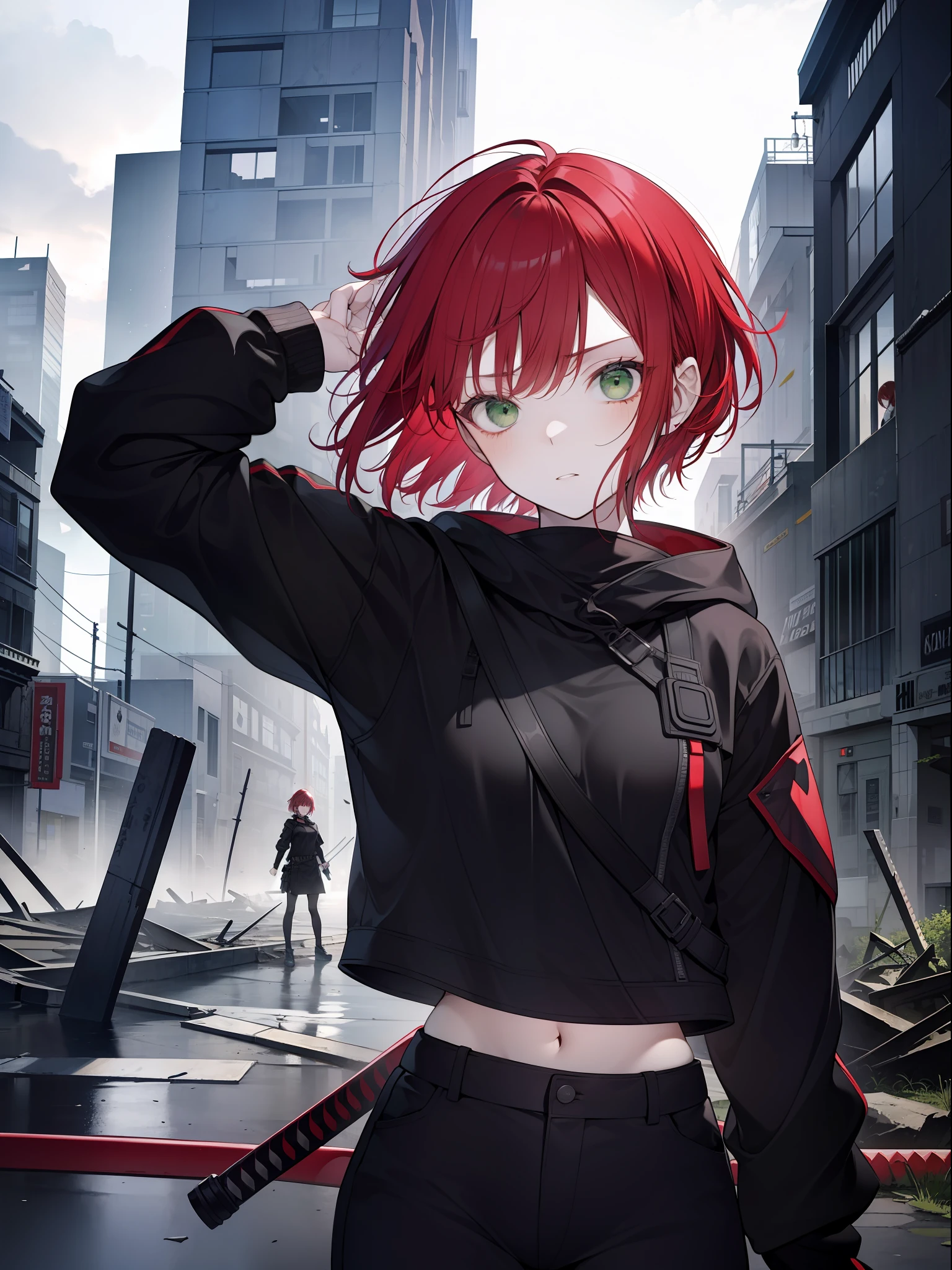 girl with red hair, short hair, green eyes, serious face, wearing a black techwear, carrying a katana, modern city scene in ruins