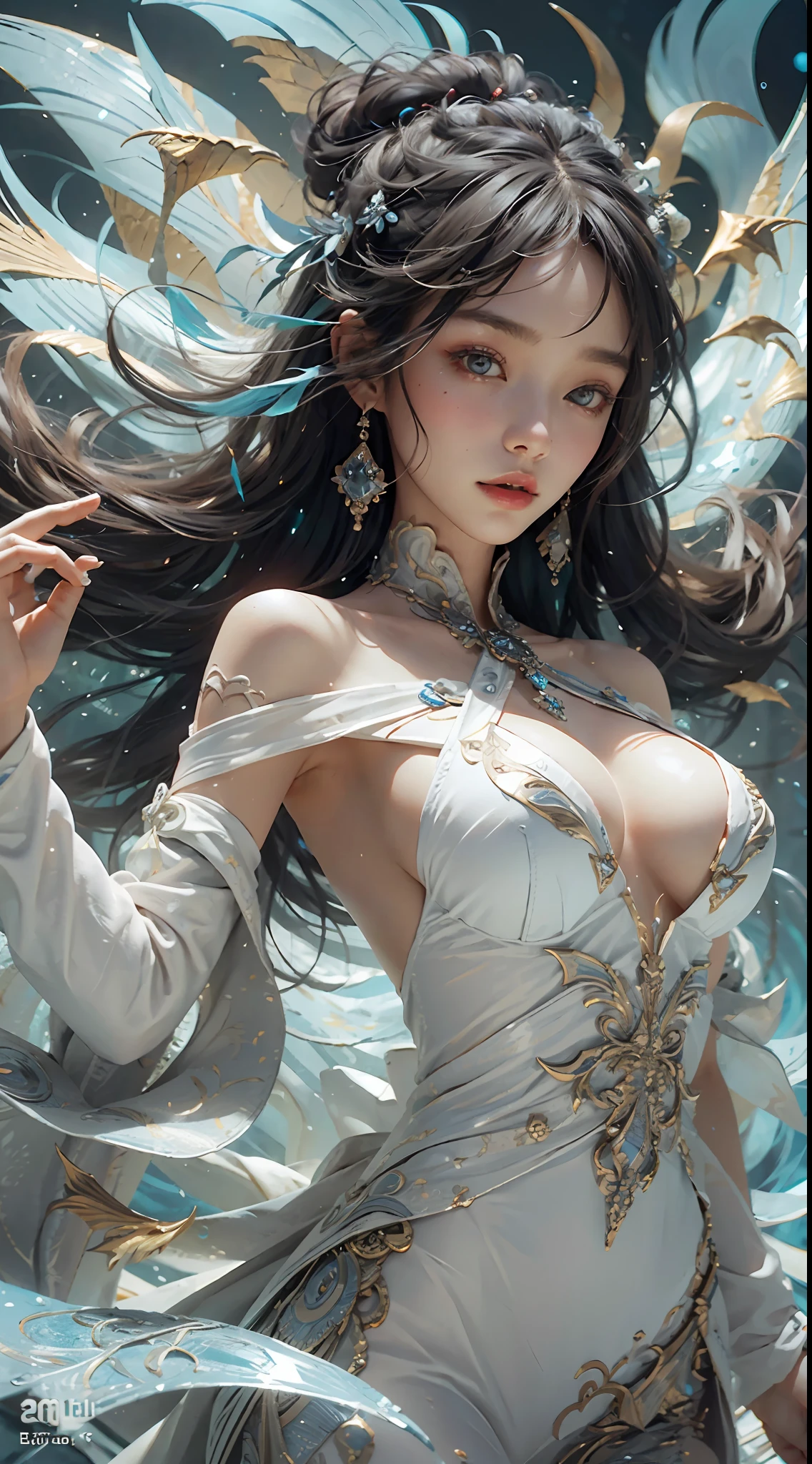 Kizi, 18yr old, huge tit, wears a white dress, flowing robe, Exquisite dress decoration, floated hair, glowing hairs, hair adornments, light in face, Intricate magic circles, Glowing runes, A flashing halo, Strong focus, arcane spell, Crackling energy, Suspended artifacts, Ethereal staff, Swirling mist, sparkling motes, Mysterious crystals, glowing symbols, Complex hand movements, Otherworldly chanting, Mysterious symbol, Powerful summoning, Transcendental consciousness, Phoenix dress, (under the water:1.8), (white dresses, rainbow hair:1.55), (((water bubbles, colorful fish, Beautiful coral life))), (Detailed fabrics, detailed ornaments:1.4), fanciful, The hairstyle model is braids by side, The posture is the lying down position, Sharp green, The shooting angle is RIM lighting, The time is Rim Light, BREAK is ultra-realistic, Complex design, insanely details, extremely fine detail, Extremely clear lines,cinmatic lighting,photograph realistic,Detailed drawings by Esao Andrews and Anton Fadeev,RAW photogr,high detal,8k,UHD,digital SLR camera,softlighting,HDR,warm lights,high qulity,filmgrain,Fujifilm XT3,realisticlying,tmasterpiece,best qualtiy,hyper-detailing,8K,warm lights,gentle illumination,tmasterpiece,best qualtiy,A detailed,HighestQuali,hyper-detailing,A high resolution,Movie light,Splendid and colorful, Out of focus, RAW photos, art portrait, hoang lap, hight contrast, rich colourful, highest details,