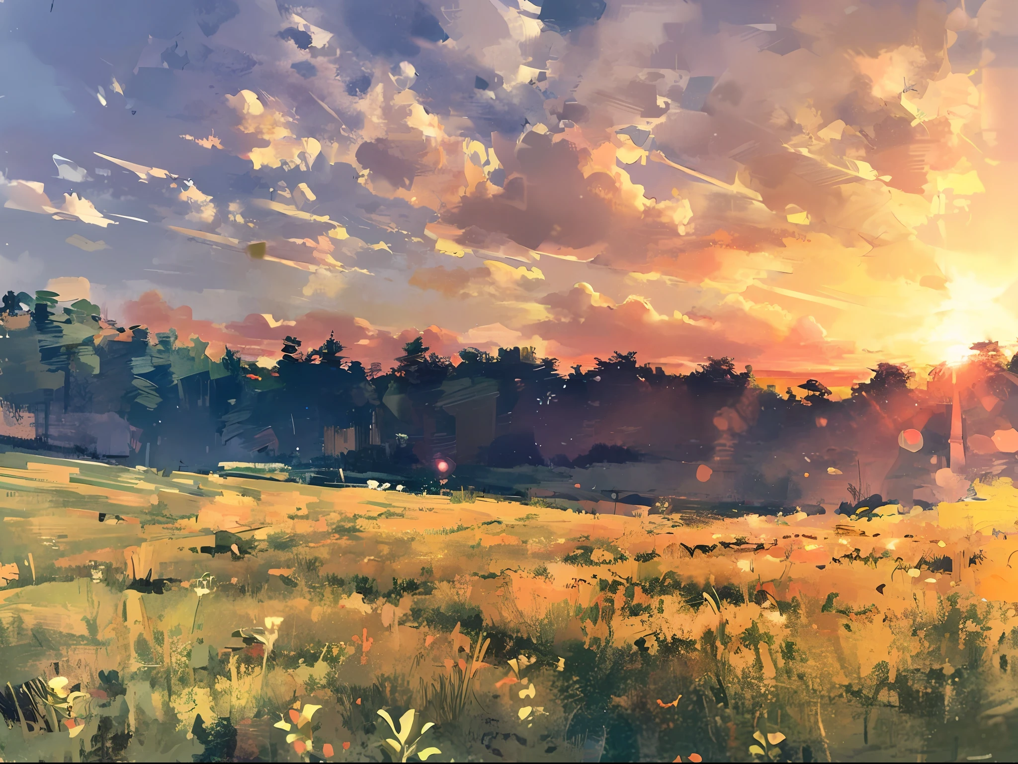 masterpiece,best quality,lycoris,flower field,depth of field,dusk,orange sky,sunset,glow,lake