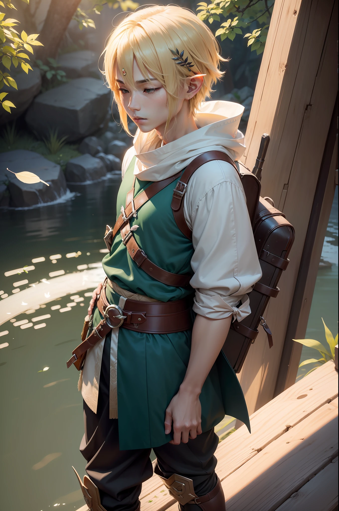 Link, Realisticstyle, Beautiful boy, solo person, Keep one's mouth shut, serious, Thinking, blond hairbl, Elf short hair, Traveler's boots, Close your eyes, feathers hair ornament, Assassin attire, 夏天, rainbowing, floating islands, natural soft light, Higher quality, Works of masters, Best image quality, 超高分辨率, 8K分辨率, exquisite facial features, s the perfect face, male people, solo person