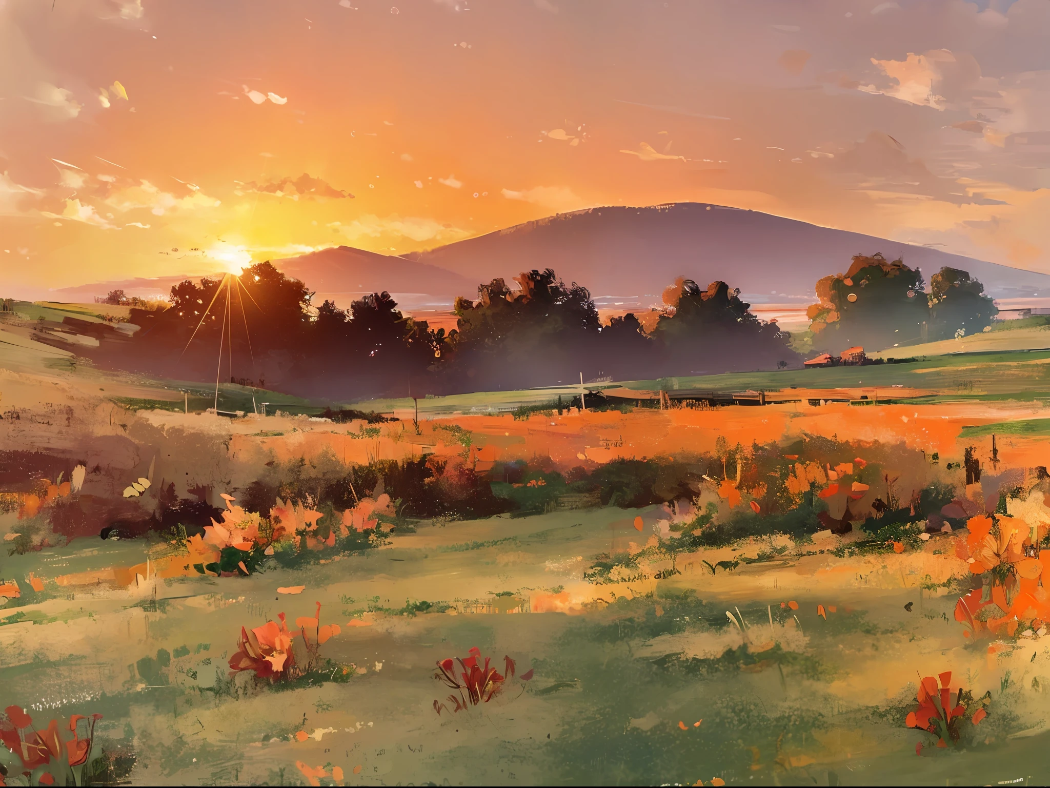 masterpiece,best quality,lycoris,flower field,depth of field,dusk,orange sky,sunset,glow,lake