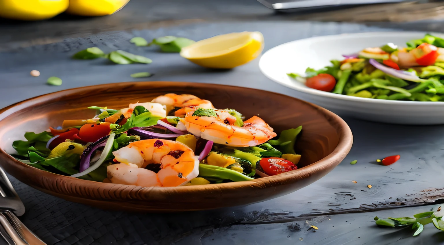 There is a bowl of shrimp and vegetables with fork and spoon, Detalhe excepcional, Fotografia de comida de alta qualidade, realistic depiction, salada, parece realista, Detalhe perfeito, fotografia profissional de alimentos, Mouthwatering, Cena realista, Realistic image, artist's interpretation, profundidade realista, comida deliciosa, vibrante e poderoso, cinematic still, excepcional, incrivelmente realista, fotos de alta qualidade, arte mista
