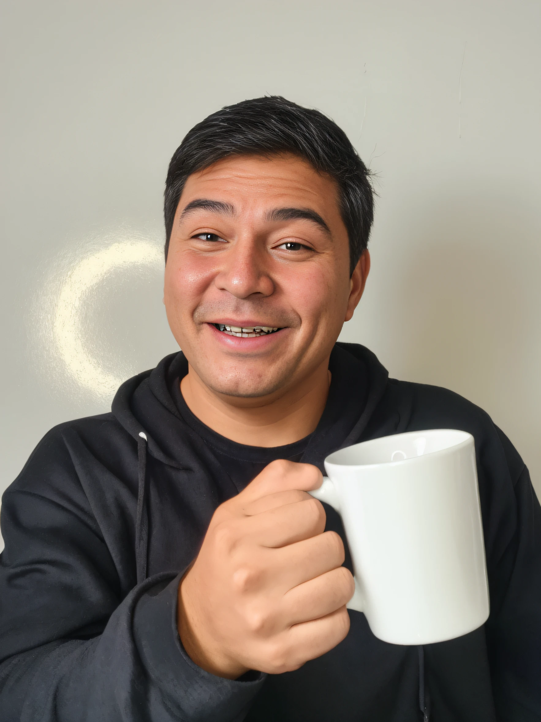 Homem com um sorriso bonito, rosto limpo, segurando uma caneca com leite, with a drunken face, on a single-color background, High quality image in realistic animation style.