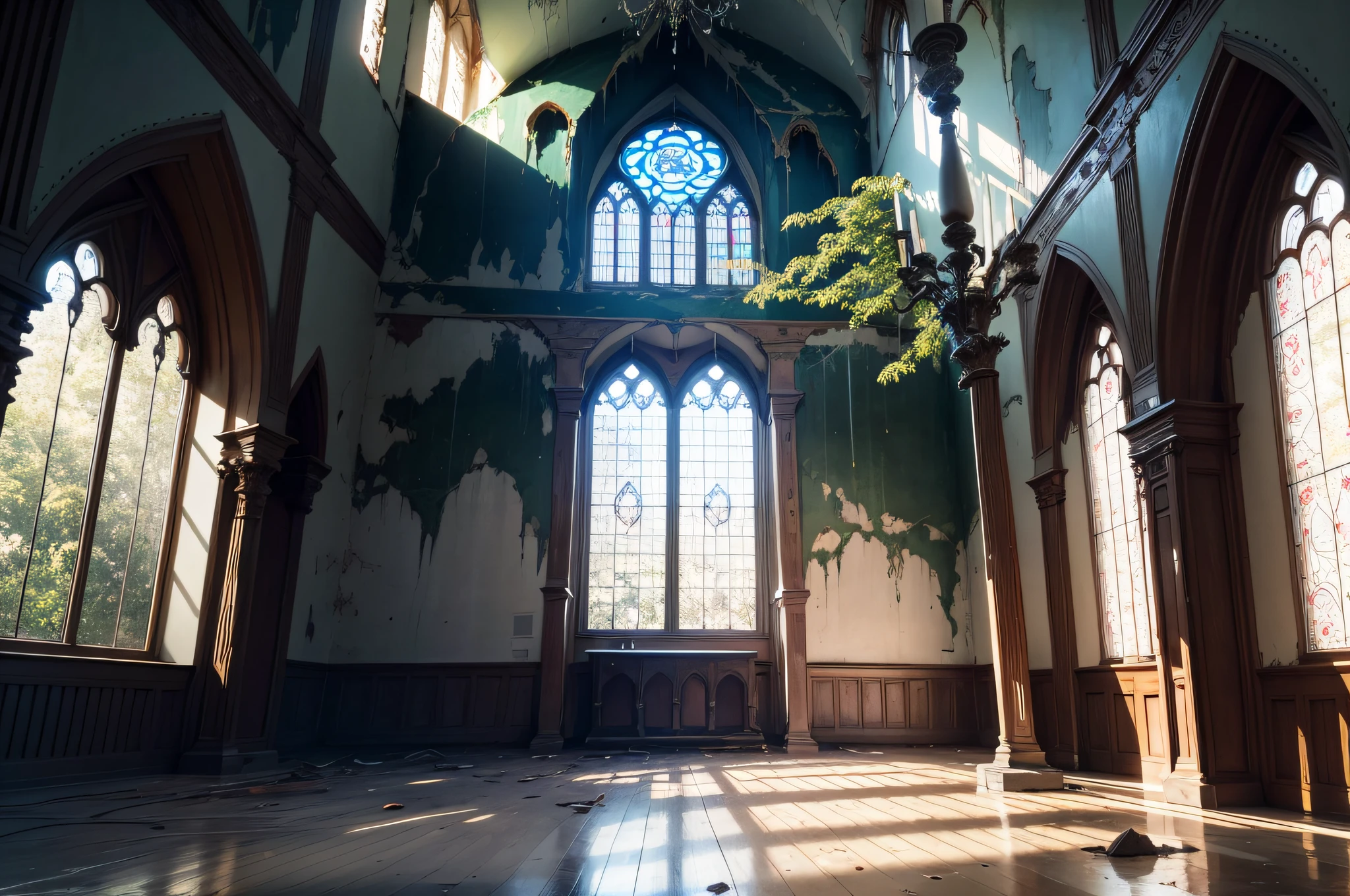 Beautiful gloomy abandoned dilapidated church, colored stained-glass windows, A large cross hangs from the ceiling, The vibrant, A thin beam of sunlight falls on the floor, In the middle of the room, Spruce grows from the floor
