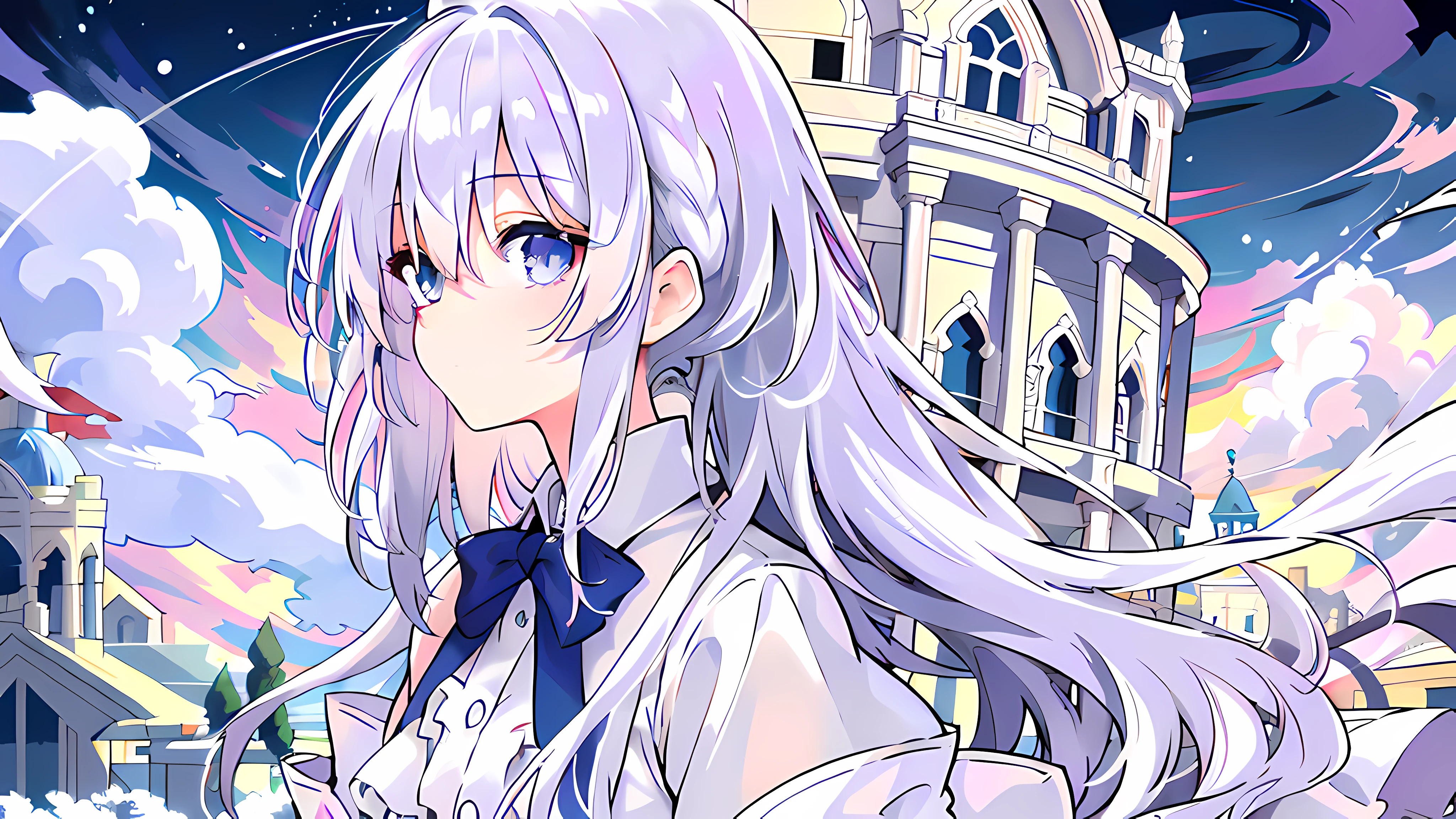 Anime girl with long white hair and blue bow in front of the castle, Girl with white hair, white haired Cangcang, White-haired god, Perfect white haired girl, zerochan art, White-haired, a beautiful anime portrait, clean and meticulous anime art, Soft anime illustration, style of anime4 K, Guweiz in Pixiv ArtStation, Anime art wallpaper 4 K