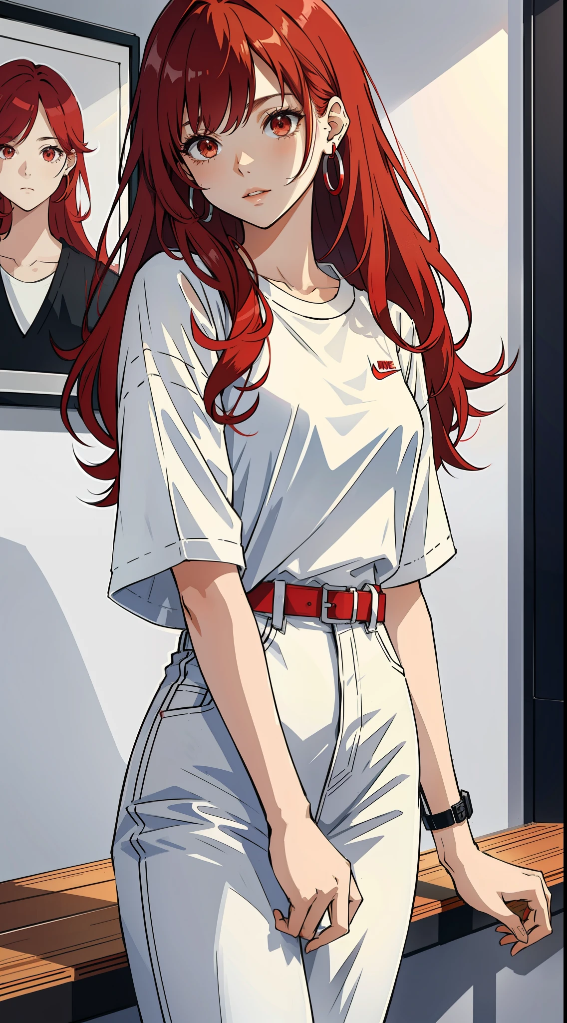a woman in a white shirt and red pants is playing video game, simple style, wearing elegant casual clothes, muted red, simple clothes, milk and red style, casual clothing style, modern fashion outfit, wearing a fisher , casual modern clothing, inspo, red clothes, red pants, neutral tones, rred and white color scheme, casual business outfit, scary face, nike shoes, 22 years old, adult face, long hair, ((red hair))