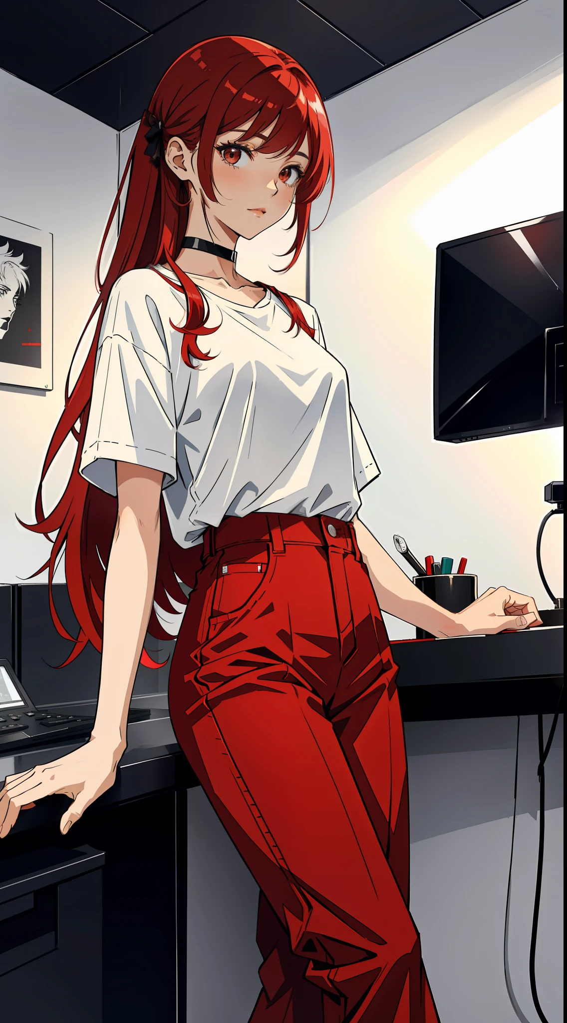 a woman in a white shirt and red pants is playing video game, simple style, wearing elegant casual clothes, muted red, simple clothes, milk and red style, casual clothing style, modern fashion outfit, wearing a fisher , casual modern clothing, inspo, red clothes, red pants, neutral tones, rred and white color scheme, casual business outfit, scary face, nike shoes, 22 years old, adult face, long hair, ((red hair))