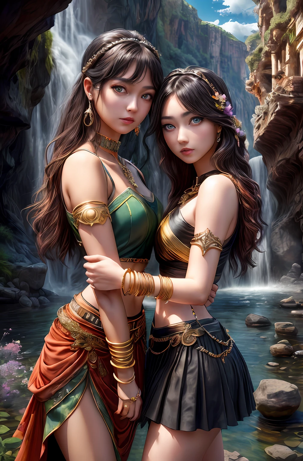 ((Realistic:1.5)),Ulzzang-6500:1.4,((Best quality)), ((Masterpiece)),((Detailed)),2girls,duo,{2 beautiful women}, (Upper body:1.3),Hug and touch each other, Tease your friend's waist, Breathless friends, Biting a friend's earlobe, crouched,super wide shot,Face focus, Long legs,Curvy, Barefoot,Wide hips, Thin legs, Oversized eyes,Long eyelashes, (Detailed face,beautidful eyes, detailedpupils,detailed clothes features, Clear background:1.3), (armlets, bangle:1.3), Mysterious ancient ruins, floresta exuberante, Deep canyon,bridge,River,cliff,Cloud,lakes,Rock music,Waterfalls, Flowers, Grass,grape trees,tree,bright detail,Sharp,Perfect compounding, Intricate, Sharp focus, Dramatic,