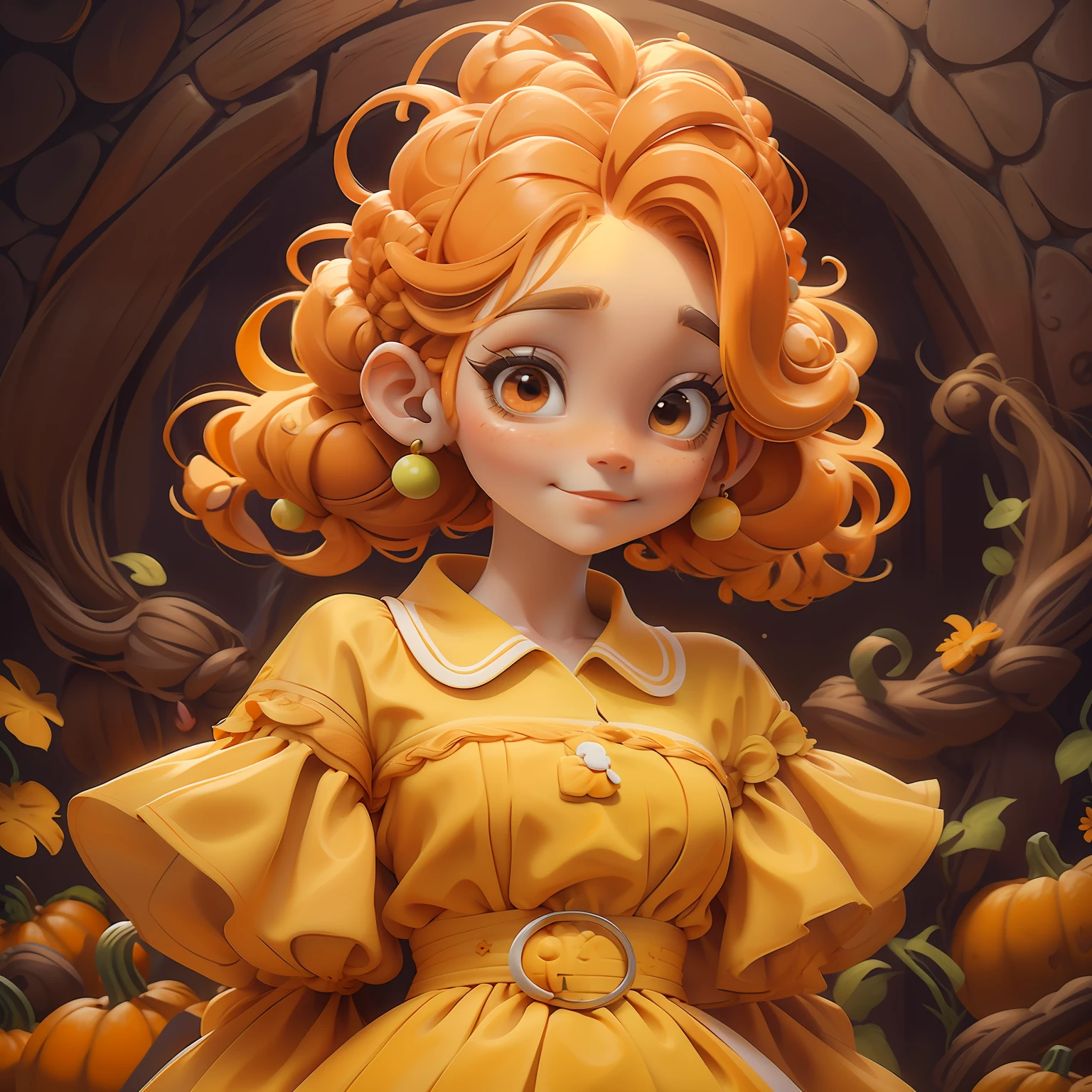 menina Lodo, (Lodo), Slime hair Penteado duplo buns estilo de cabelo, Orange Pumpkin, Vestido branco da princesa com cinto da arma, master part, best quality