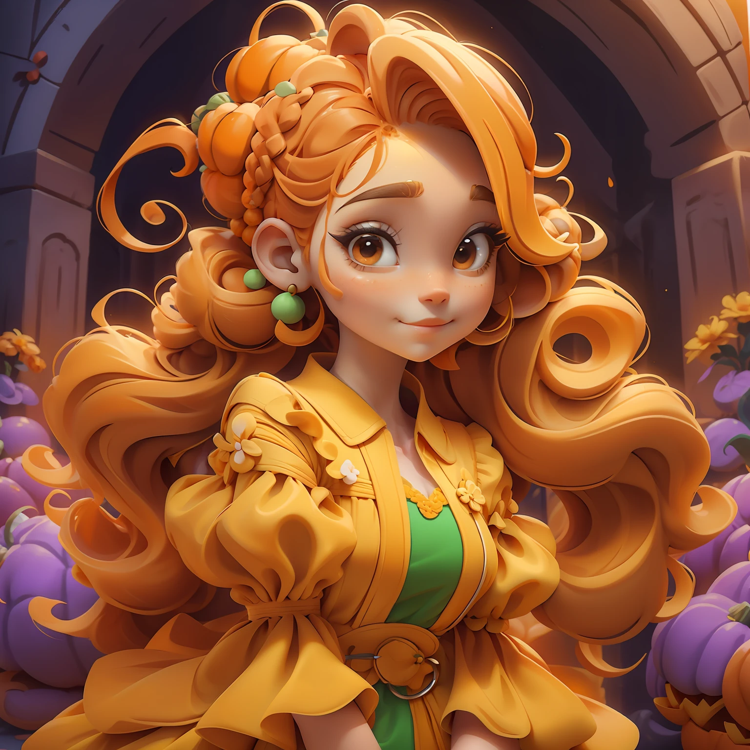 menina Lodo, (Lodo), Slime hair Penteado duplo buns estilo de cabelo, Orange Pumpkin, Vestido branco da princesa com cinto da arma, master part, best quality