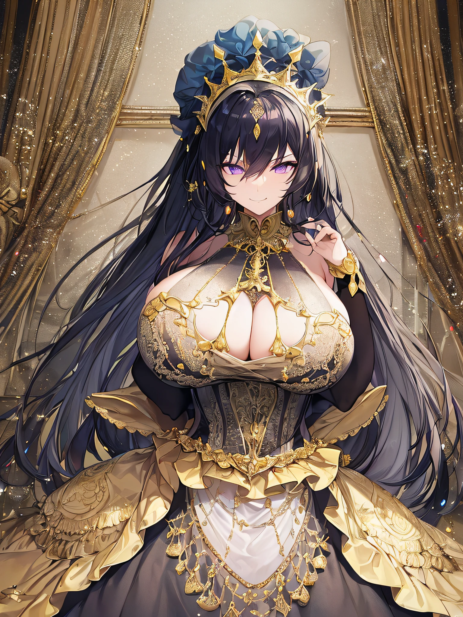((anime artstyle)),(Masterpiece),(Best Quality), (Super Detail),((Very Delicate and Beautiful)),((Solo)),((full body)),(((1 arrogant princess in gorgeousfull random color rococo dress))),(Purple eyes),Sharp eyes,detailed face and eyes,jewel-like eyes,(arrogant),(((naughty smile))),dominant pose,((voluminous Very Long Hair,Straight Hair)),black hair,((Bangs between eyes)),((gigantic tits,Long tits)),curvy,skindentation,(gorgeousfull embroidery and lace),gorgeous corsage,See-through,gorgeousfull hair ornament,gorgeousfull glitter jeweled tiara,ornate ruffles,((full body)),((hoop skirt,crinoline)),Dynamic Angle,Looking at viewer,(((gorgeousfull random color rococo dress)),full body
