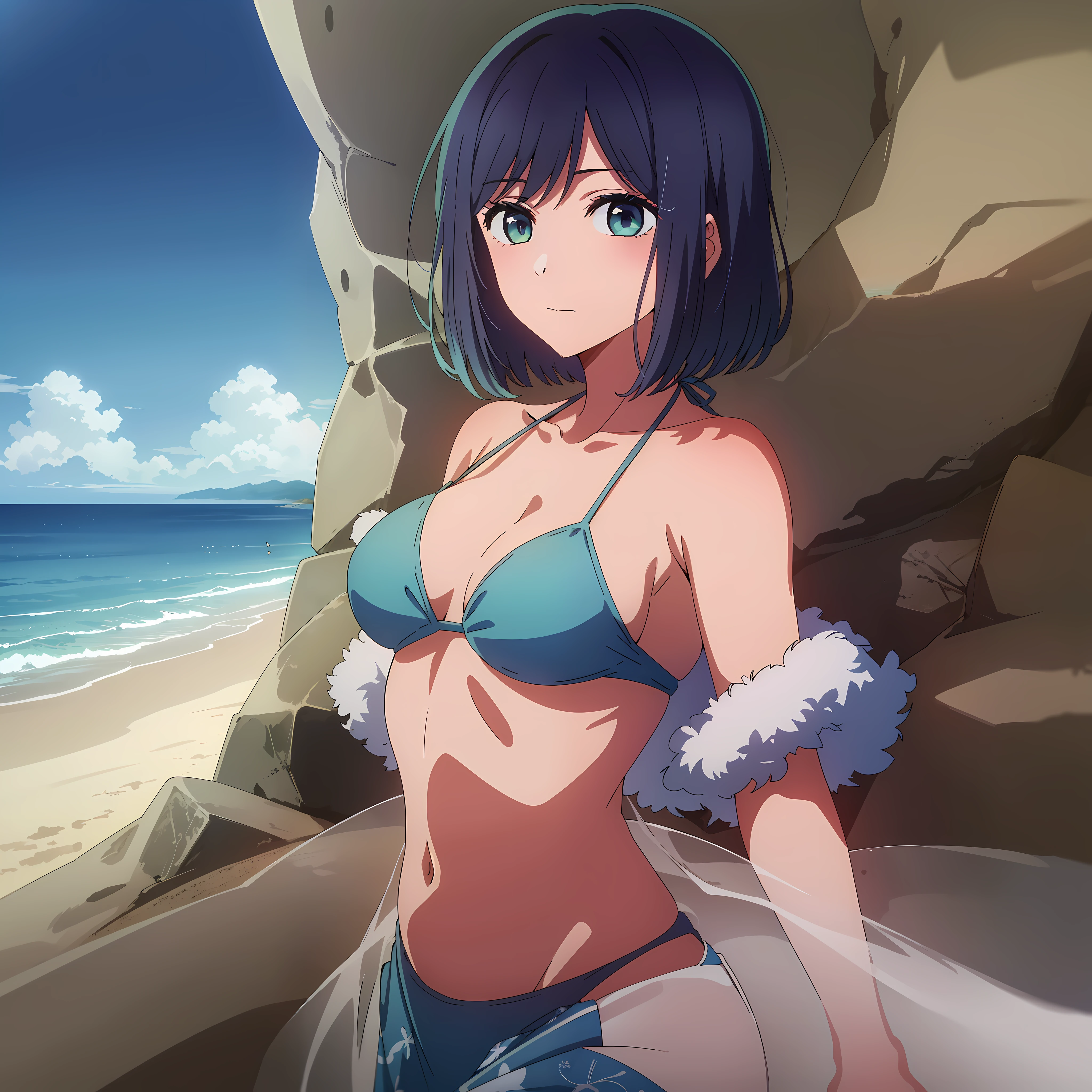 masterpiece, high quality, 8k, beautiful lighting, 1girl, solo, akane, portrait, bush, looking at viewer, bikini, ocean view, beach view, medium breasts, short hair