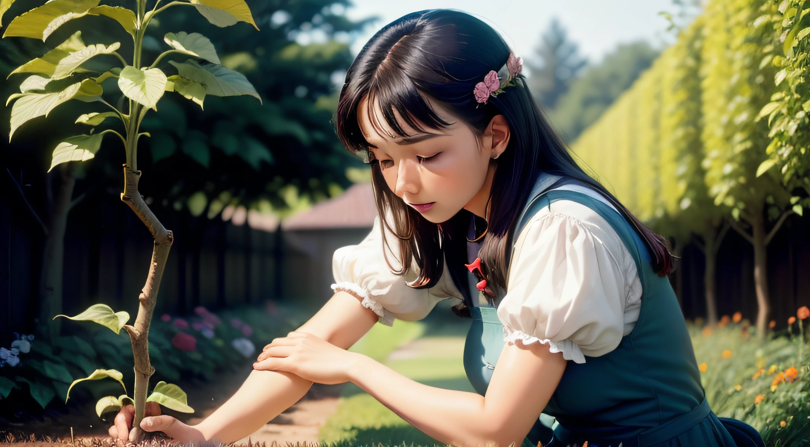 A woman tenderly planting a young tree in her flourishing garden.