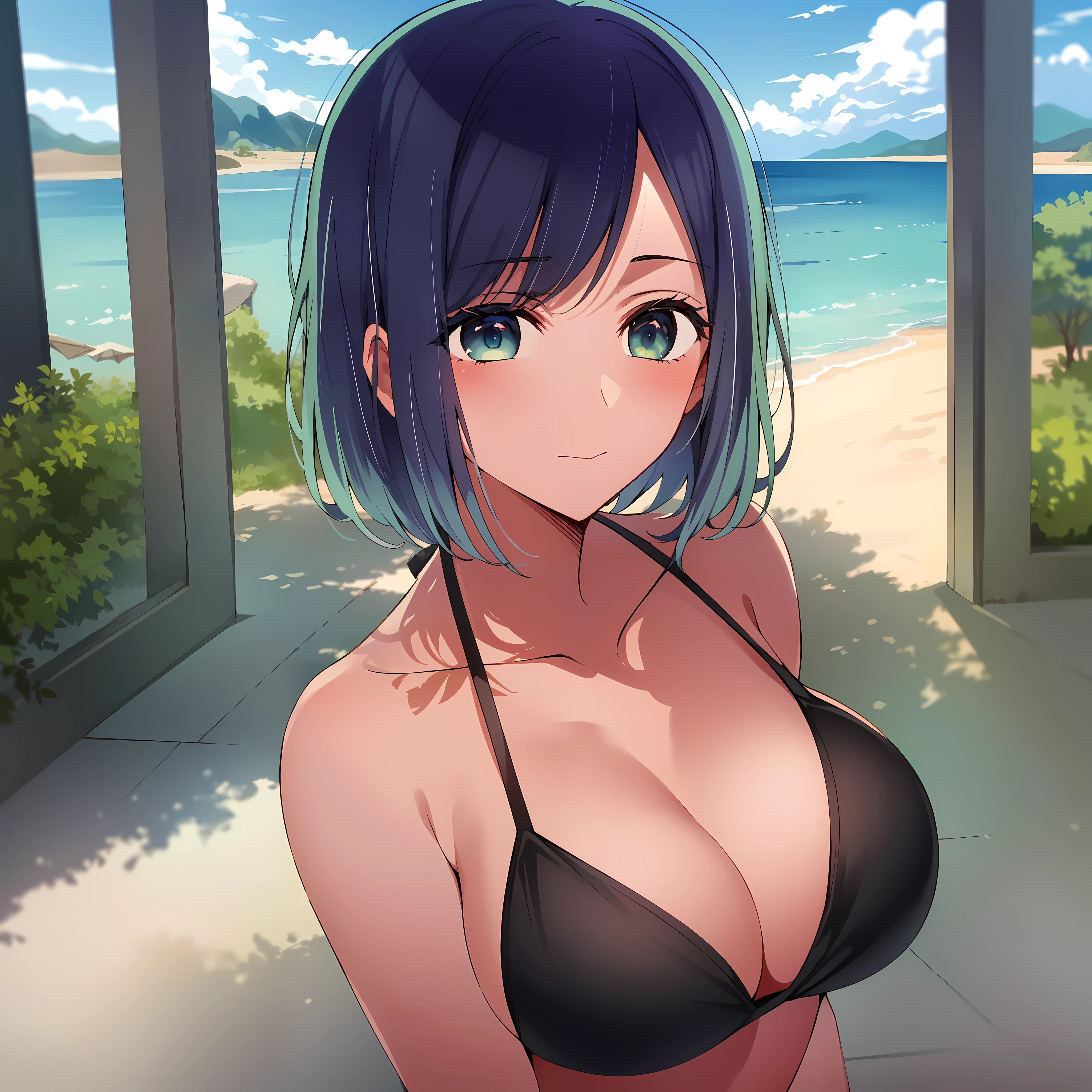 masterpiece, high quality, 8k, 1girl, solo, akane, portrait, bush, looking at viewer, bikini, ocean view, beach view, medium breasts, short hair